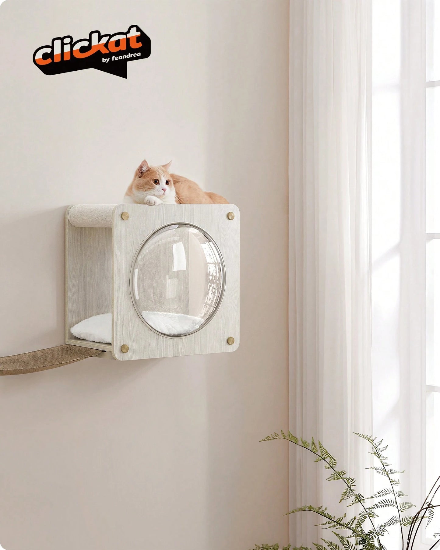 Feandrea Clickat Cat Cave, Wall-Mounted Cat House for Indoor Cats, Cat Wall Furniture, with Cat Hammock, Observation Window, Replaceable Washable Cushion, Space-Saving, Oatmeal Brown