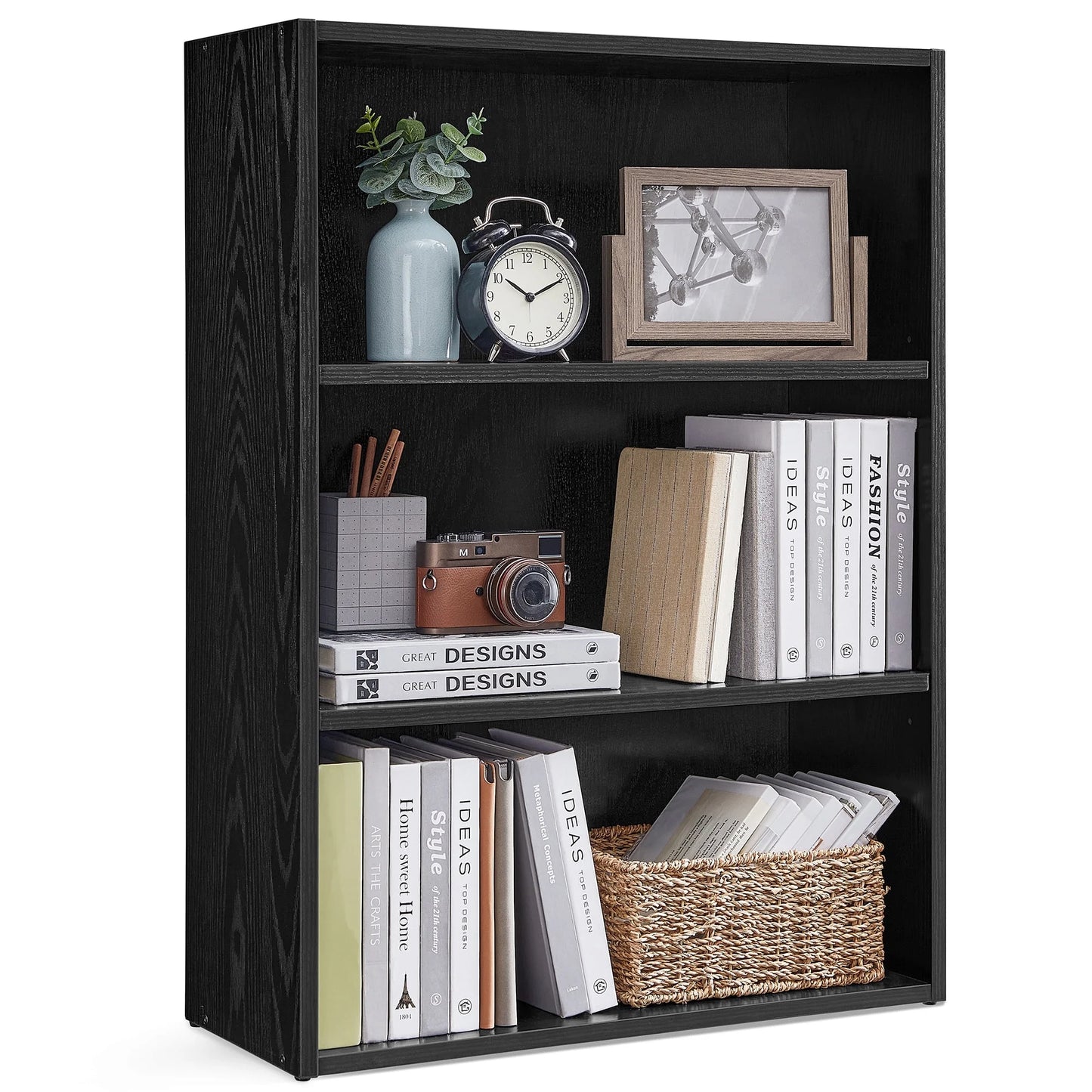 Bookshelf, 23.6 Inches Wide, 3-Tier Open Bookcase with Adjustable Storage Shelves, Floor Standing Unit Ebony Black
