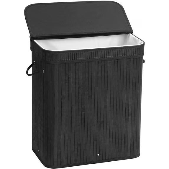 100L Laundry Hamper with Lid Bamboo Laundry Basket with Liner Bag Foldable Storage Hamper with Handles Black