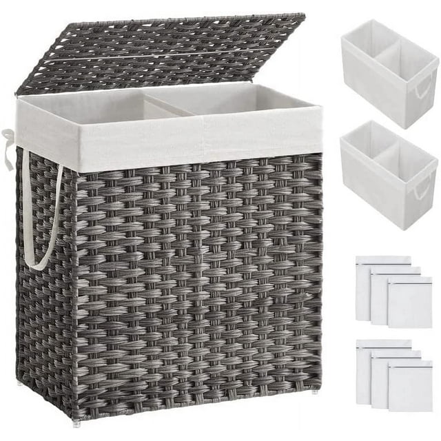 110L Laundry Hamper Basket with Lid Clothes Hamper with 2 Removable Liner Bags & 6 Mesh Bags Wicker Laundry Basket for Laundry Room Gray
