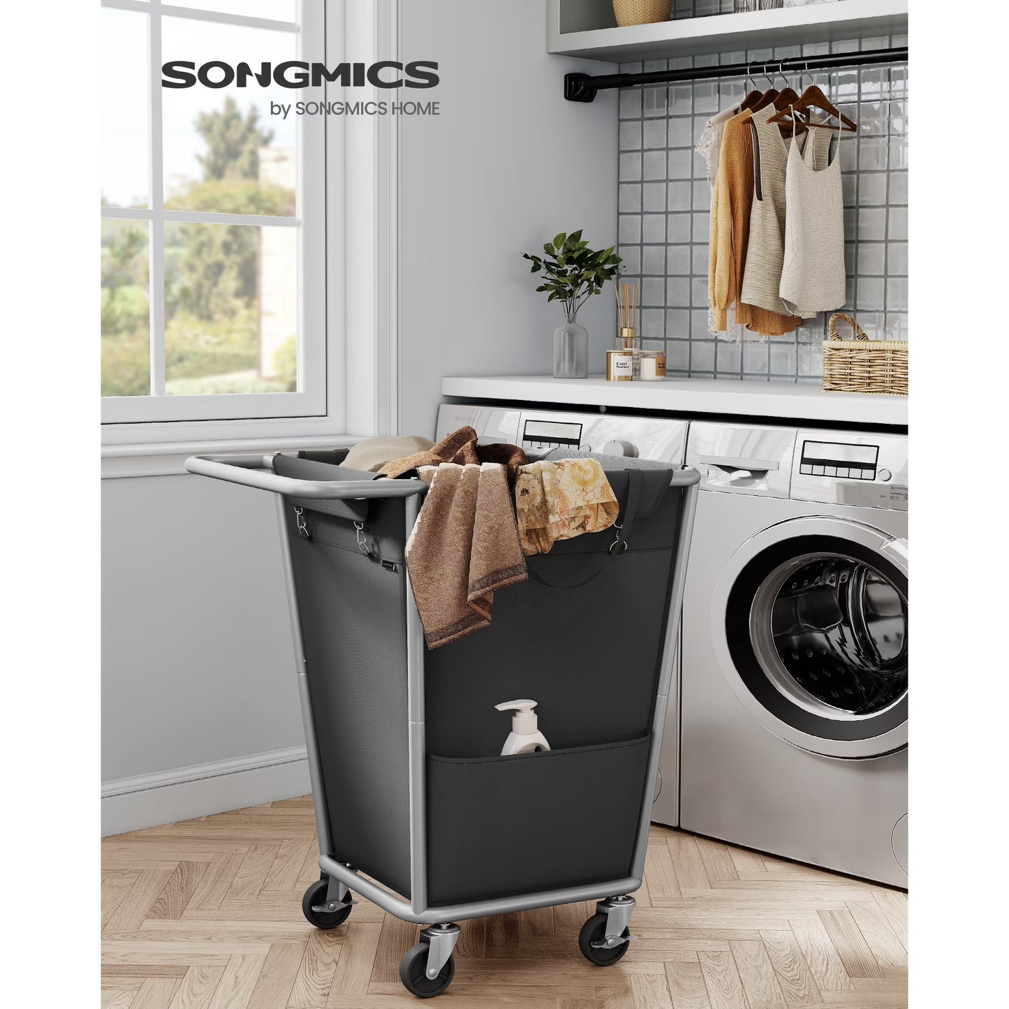 Laundry Basket with Wheels, Removable Bag, Steel Frame, 34.3 Gallons (130 L), Black