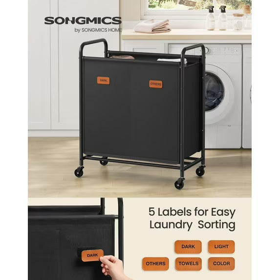 2-Section Laundry Sorter with Wheels, 37-Gallon Rolling Hamper with 2 Removable Bags & Locking Casters, for Laundry Room Bedroom, Ink Black