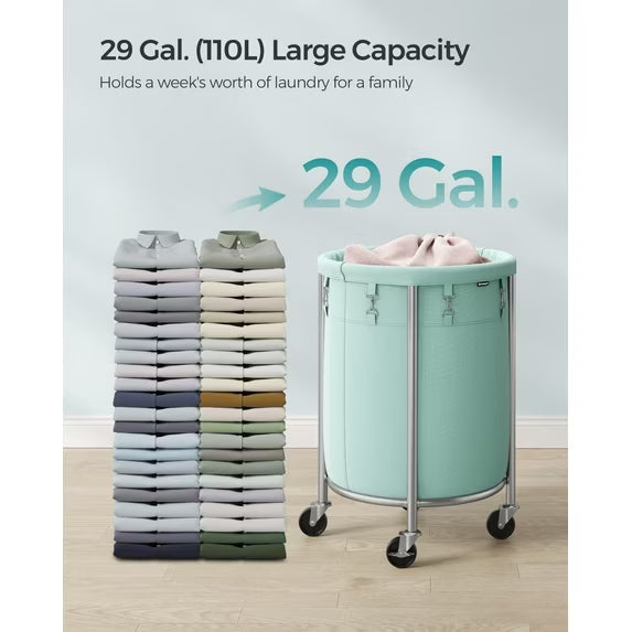 29-Gallon Rolling Laundry Hamper with Steel Frame, 4 Casters & 2 Brakes, Includes Removable Bag, Mint Green and Metallic Silver
