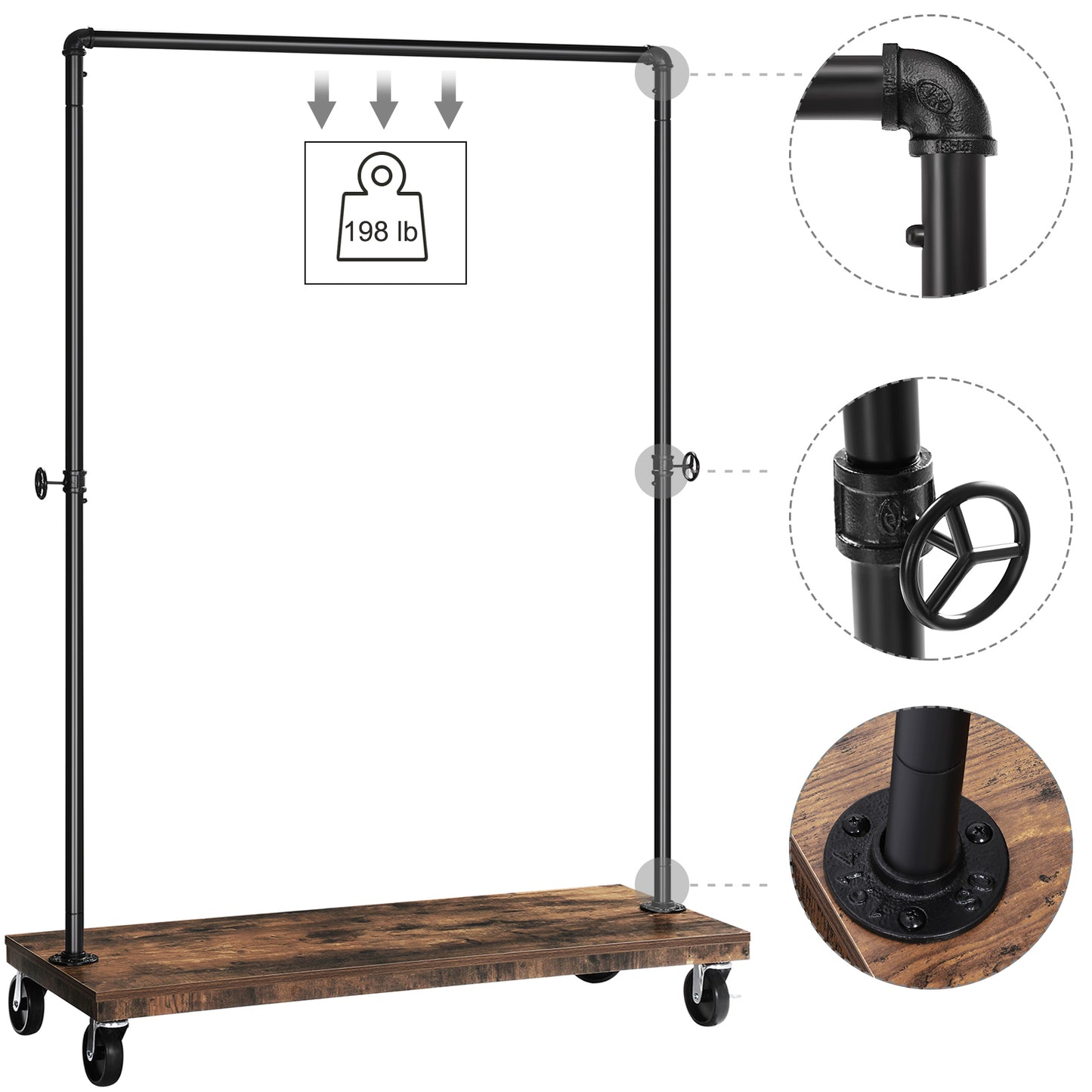 Clothes Rack, Heavy Duty Clothing Rack, Industrial Pipe Style Rolling Garment Rack with Shelf, for Bedroom, Laundry Room, Retail Store, Rustic Brown and Black