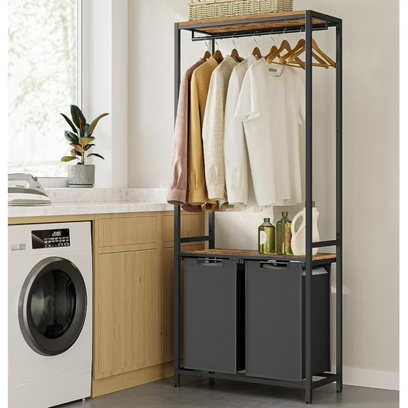 2 Section Laundry Sorter with Clothes Rack Laundry Hamper with 2 Shelves Removable Laundry Basket Rustic Brown and Black