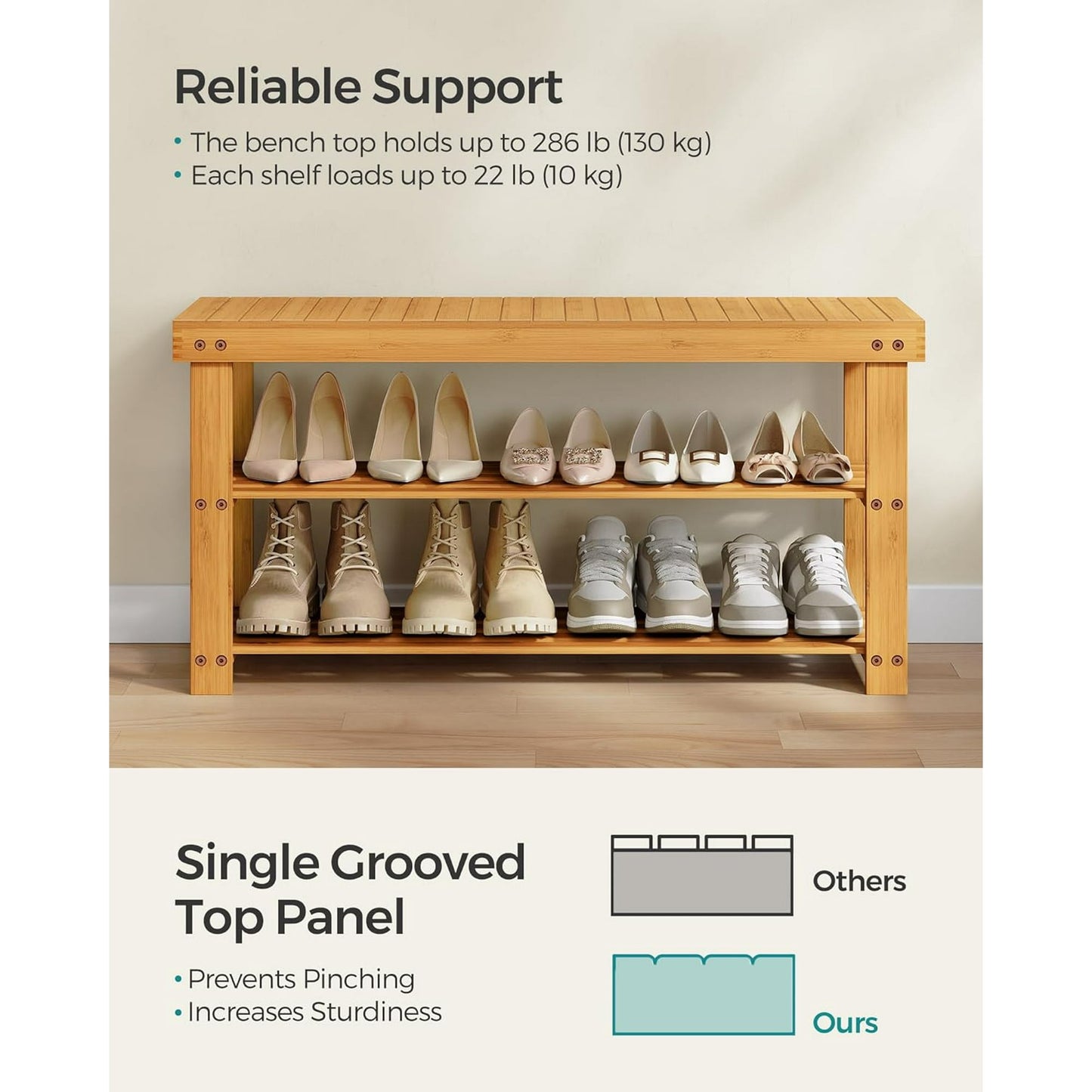 3-Tier Shoe Rack Bench, Hallway Bamboo Organizer, Home Storage Shelf with Holds 286 lb, Natural
