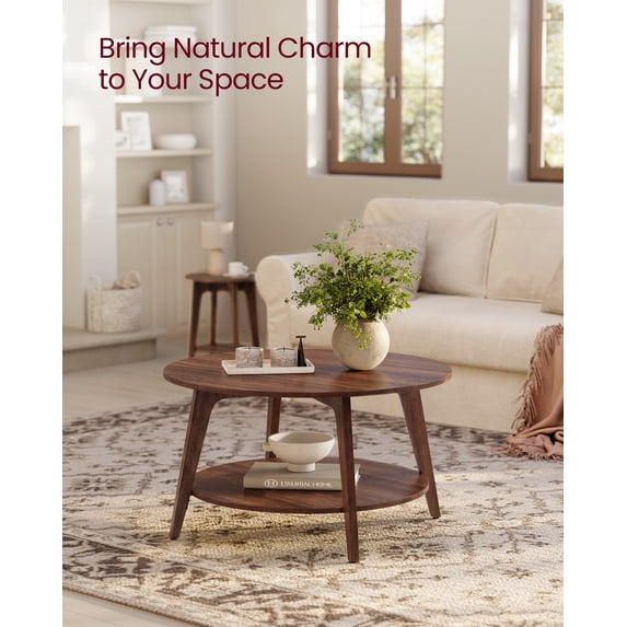VASAGLE MAEZO Collection - Round Coffee Table, 2-Tier Center Table with Storage, Tapered Legs, Curved Transitions, 31.5 Dia. x 17.7 H Inches, Easy Assembly, for Living Room, Chestnut Walnut