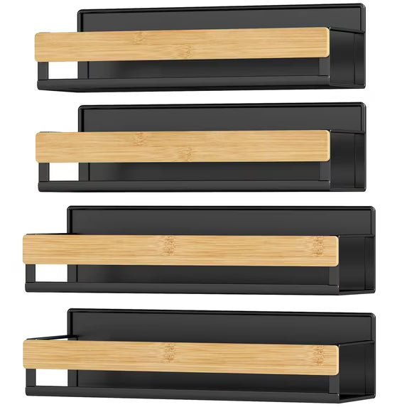 4-Pack Magnetic Spice Rack Set, 2 Large & 2 Small No-Drill Refrigerator Shelves, 10 lb Capacity per Shelf, for Kitchen Organization, Ink Black & Light Bamboo