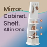 LEDREM 360 Rotating Jewelry Cabinet with LED Lights - Full-Length Mirror, Makeup Station & Storage Organizer, Standing Armoire with Basket, Cloud White