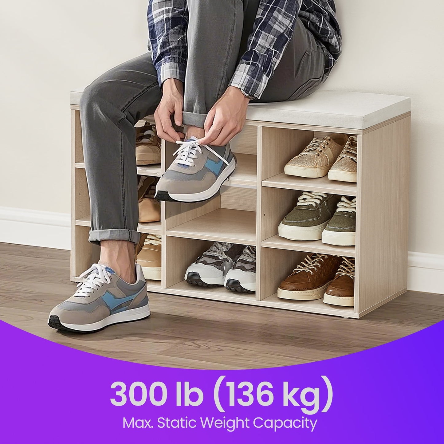 Shoe Bench with Cushion, Storage Bench with Adjustable Shelves