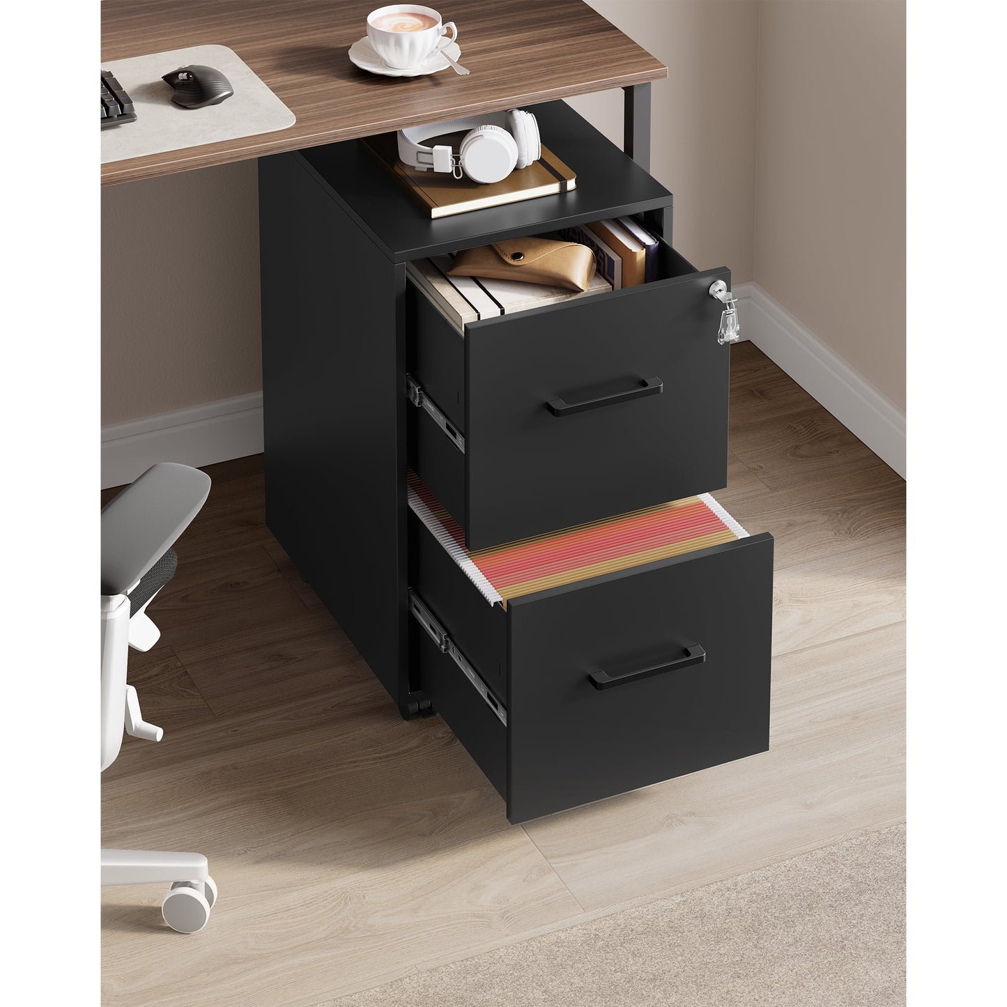 File Cabinet, 17.7''Dx 14.4''W Office Filing Cabinet with Lock, Pre-Assembled Except Wheels and Handles, Black