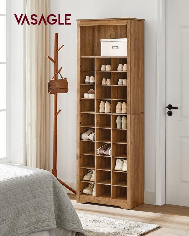 VASAGLE Shoe Storage Cabinet, 10-Tier Shoe Rack Organizer, Holds Up to 30 Pairs of Shoes, for Entryway Bedroom, 12.6 x 24.8 x 73.6 Inches, White, Rustic Walnut