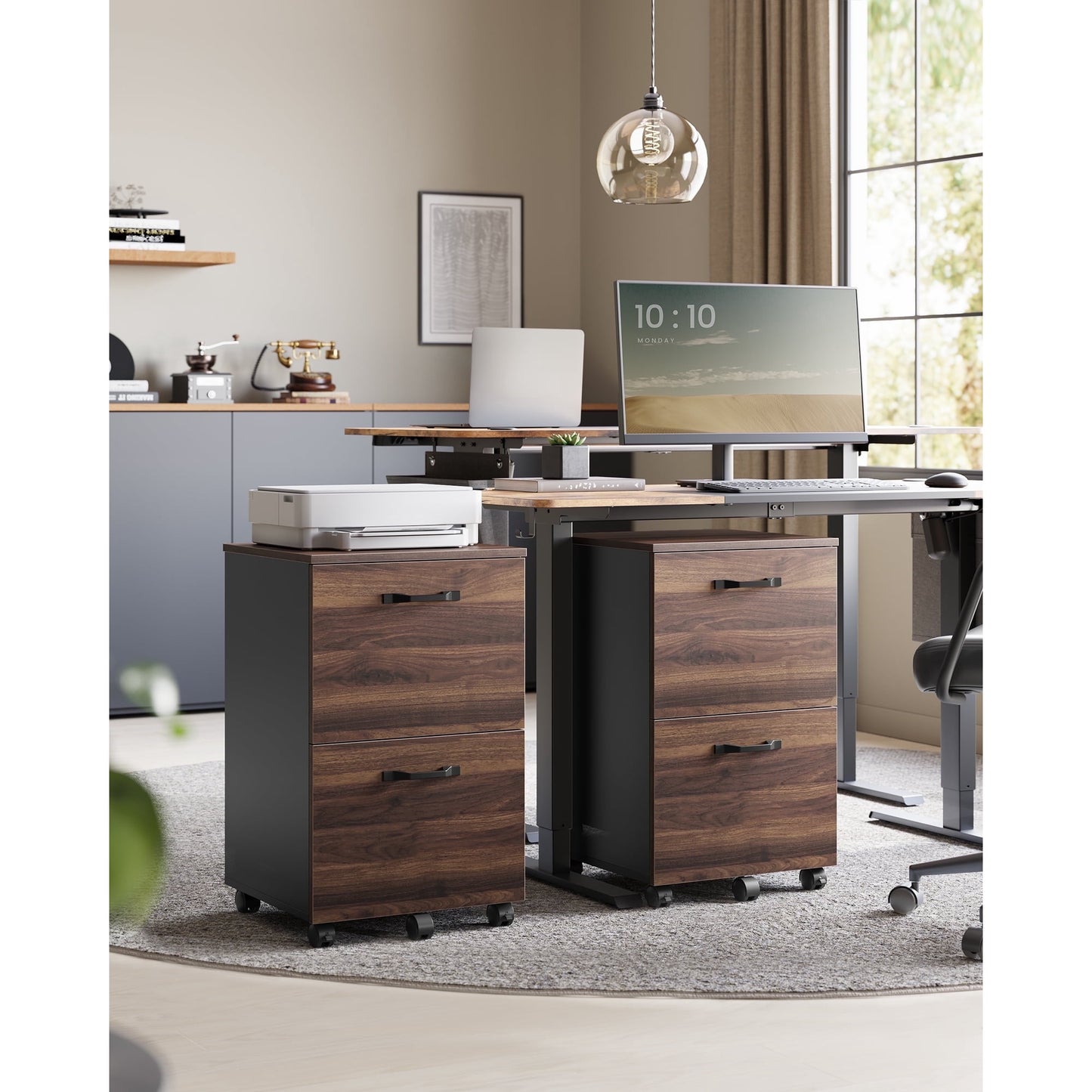 Walnut File Cabinet, Modern 2 Drawers, Rolling Filing Cabinet Wood Storage Shelf for Home Office