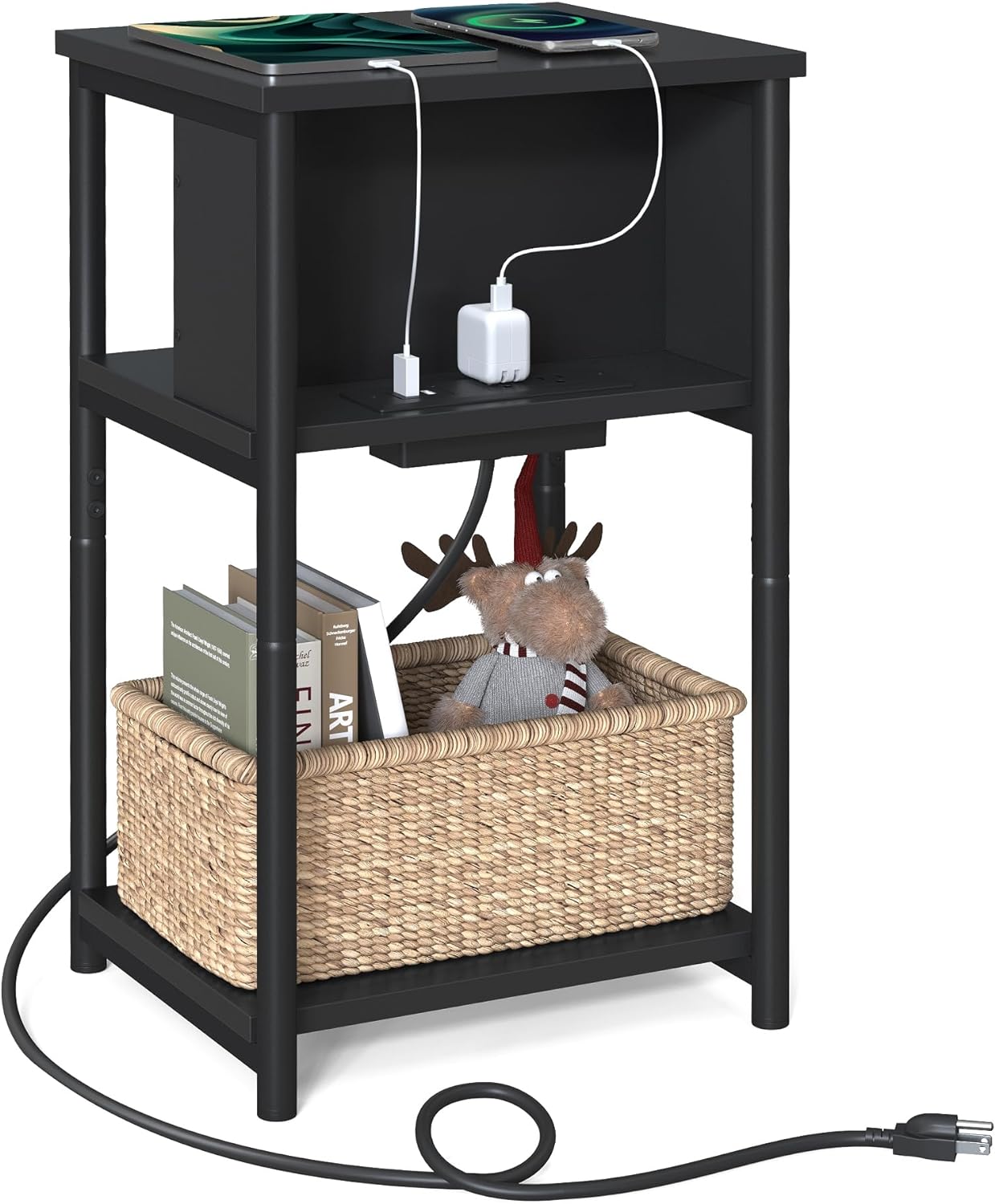 VASAGLE Side Table with Charging Station 3-Tier End Table with USB Ports and Outlets Nightstand for Living Room Bedroom Plug-in Series Black