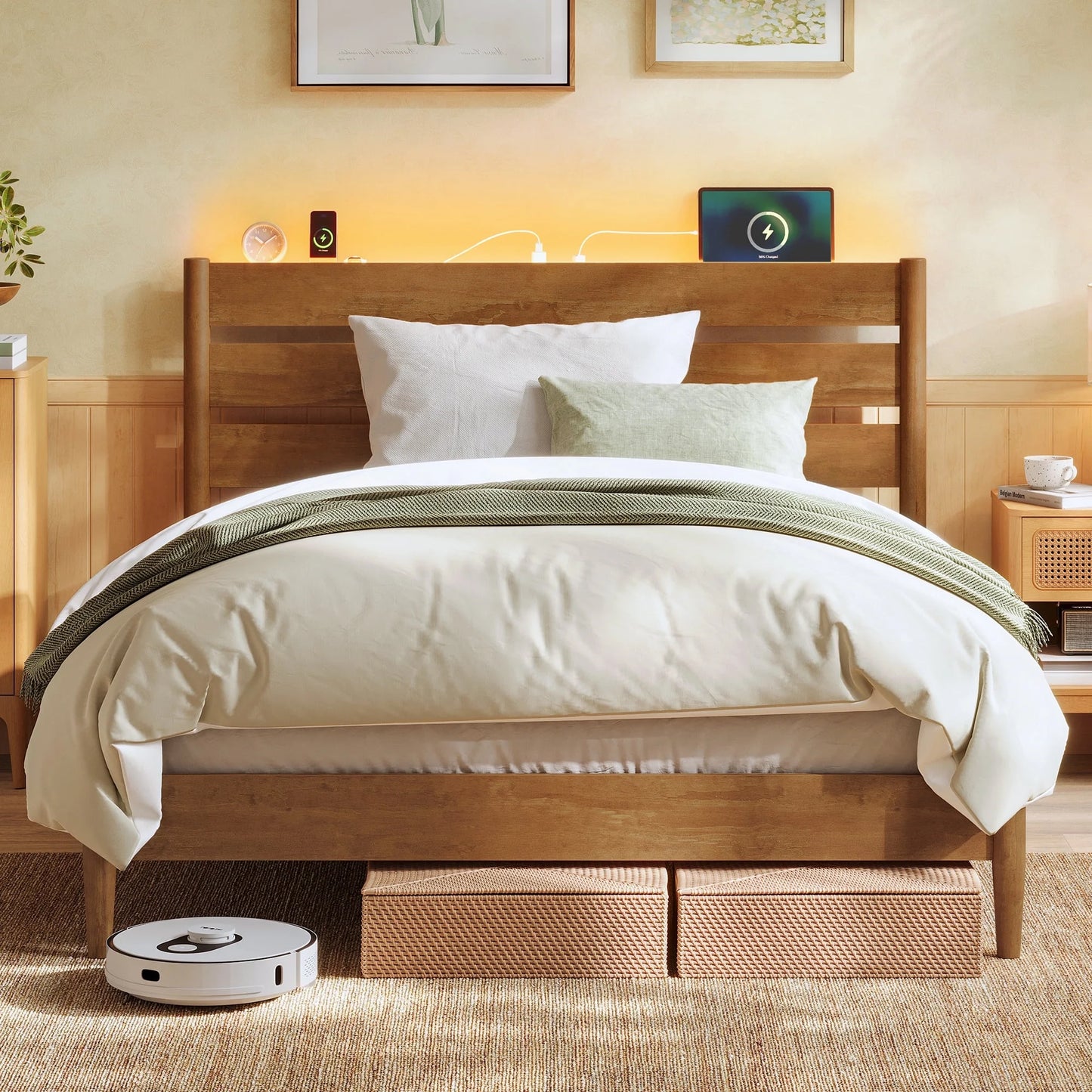 Full Platform Bed Frame with LED Headboard & Charging Station, Mid-Century Modern Style, No Box Spring Needed, Caramel Brown