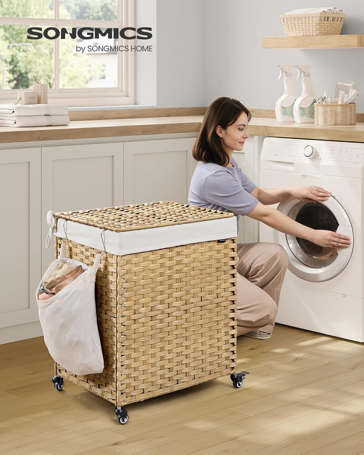 Laundry Hamper with Lid, 38.3 Gallons (145 L), Rolling Laundry Basket with Wheels, 2-Section Synthetic Rattan, Removable Liner, Bedroom, 21.7 x 15.7 x 26 Inches, Natural Color