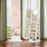 LEDREM 360°Swivel LED Jewelry Cabinet - Full-Length Mirror with 200+ Storage, Lockable Drawers & Makeup Vanity, Cloud White