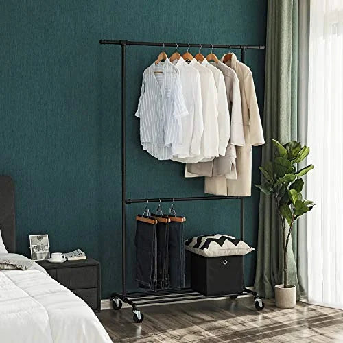 Industrial Style Clothes Garment Rack on Wheels, Clothing Rack, Black