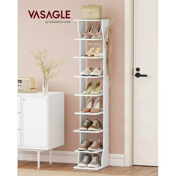 9-Tier Vertical Shoe Rack, Narrow Shoe Storage Organiser with Hooks, Slim Corner Shoe Tower Rack, for Entryway, Bedroom, White