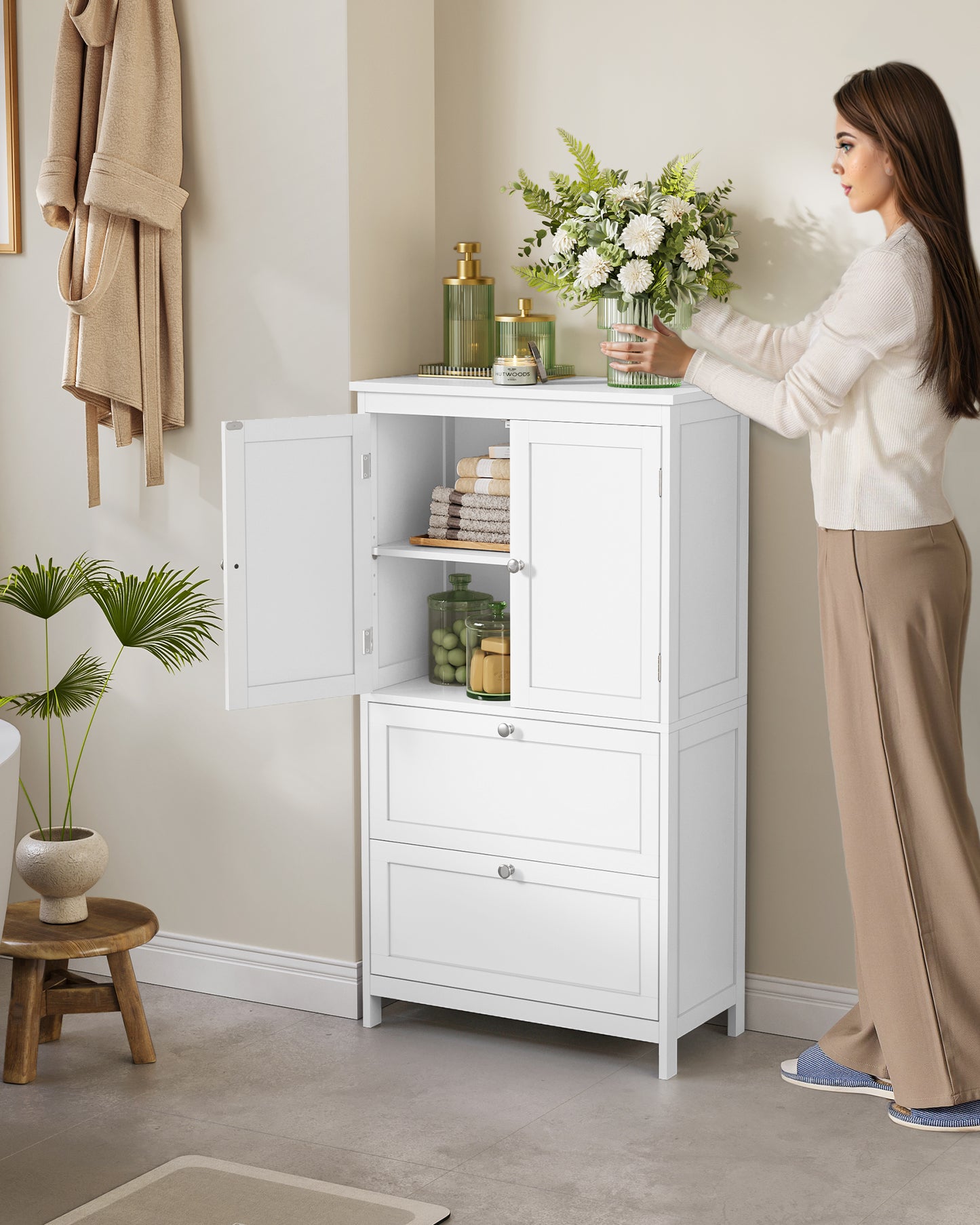 VASAGLE Floor Storage Cabinet, Storage Unit, Freestanding Cabinet with 2 Drawers and 2 Doors, Adjustable Shelf, White