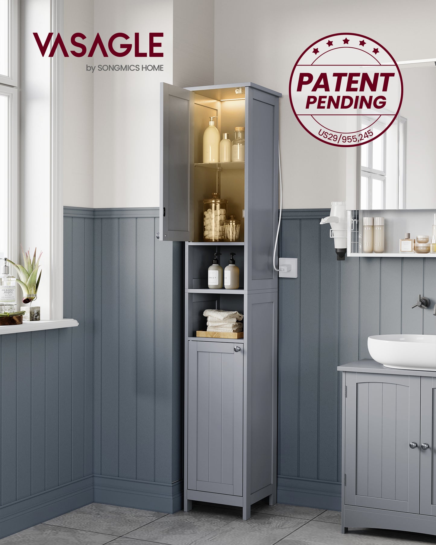 Illuminated Tall Storage Cabinet, Slim Freestanding Organizer with Auto LED Lights & Adjustable Shelves, for Small Spaces, Dove Gray