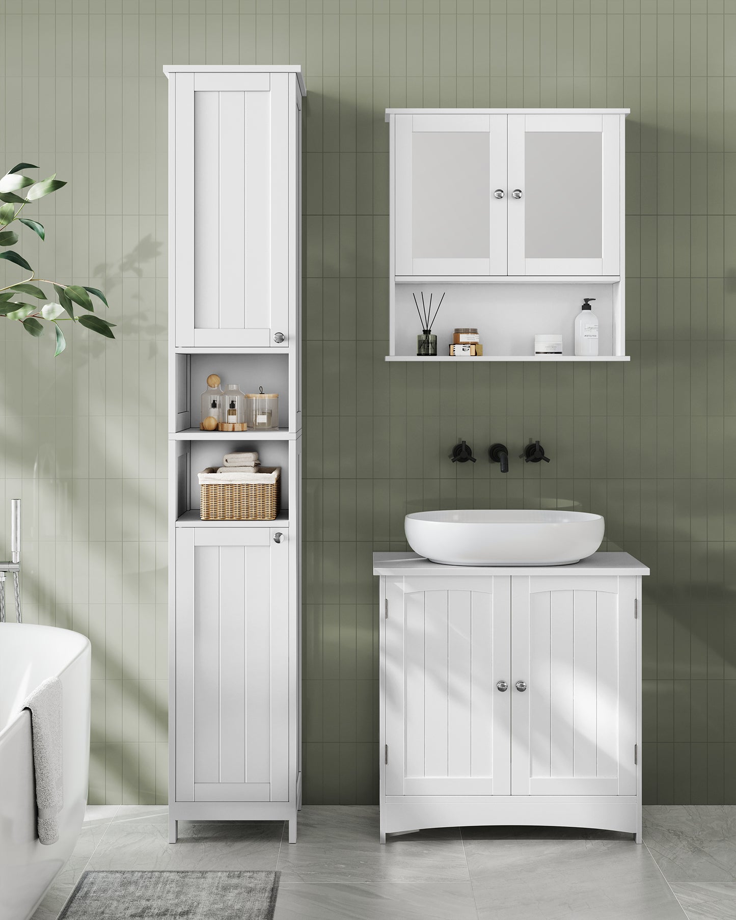 VASAGLE Tall Cabinet with Lights, Freestanding Narrow Cabinet with Adjustable Shelves Slim Storage Cabinet White