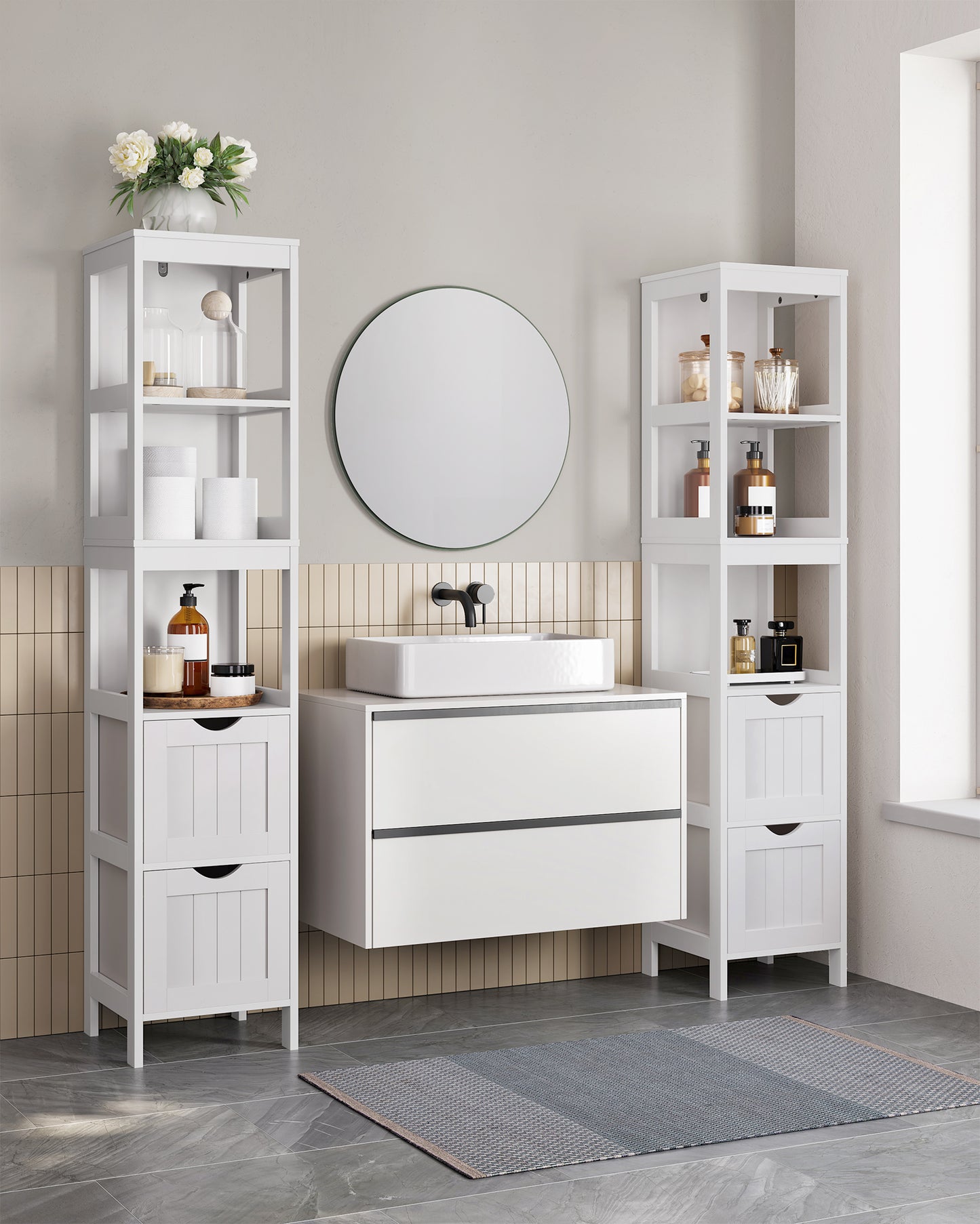 Corner Floor Cabinet with 2 Drawers & Open Shelf, Freestanding Storage Organizer for Living Room Bathroom Hallway, White