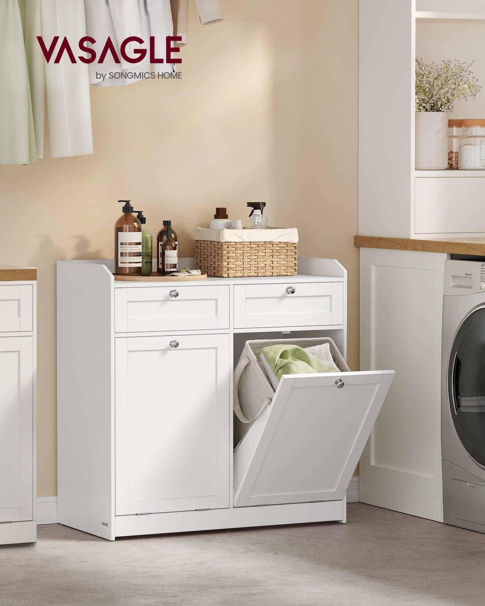 Cloud White Bathroom Cabinet with Dual Hidden Laundry Hampers - Stylis