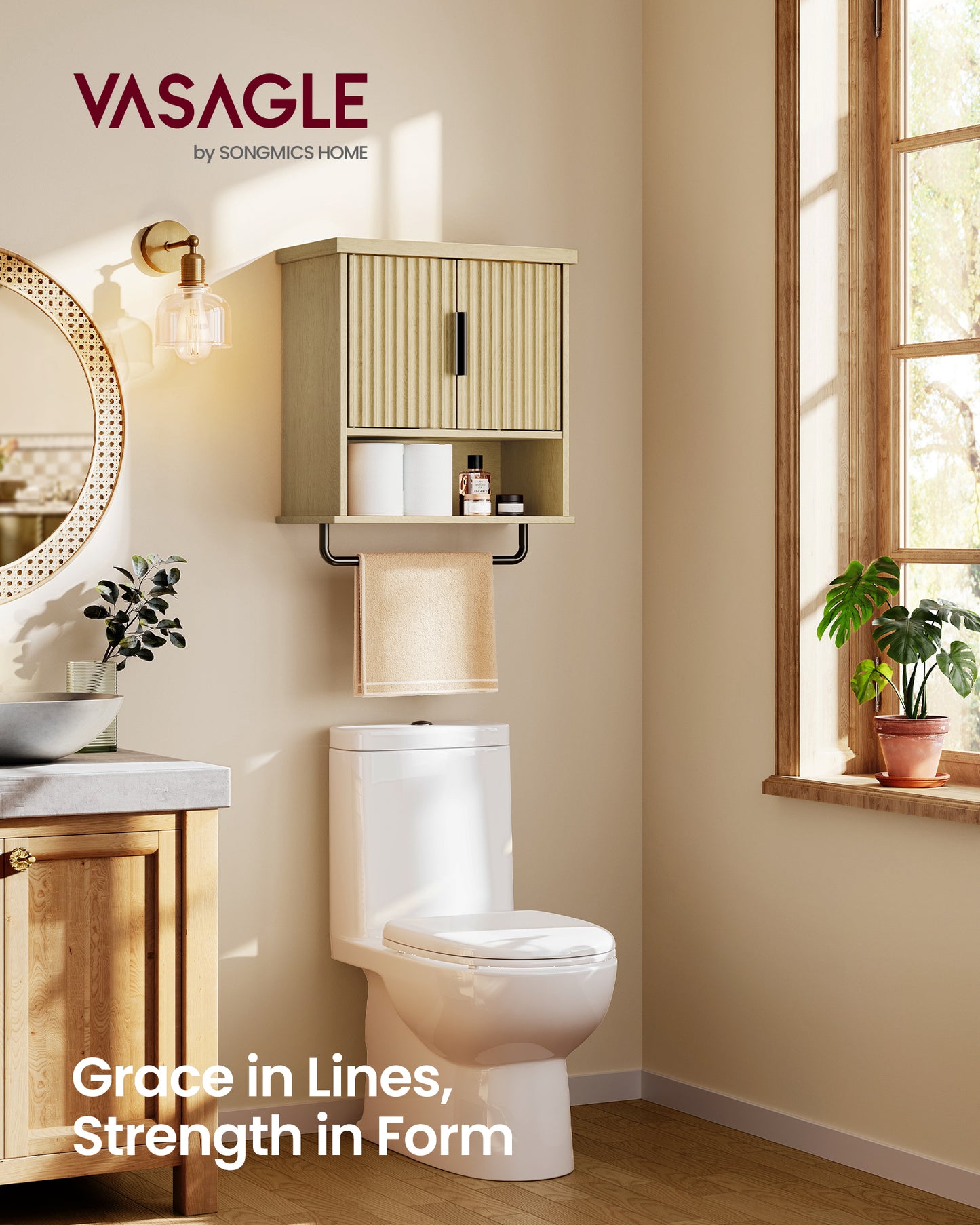 MAXE Bathroom Medicine Cabinet with Hanger, Wall Storage Cabinet with 2Doors and Shelves, Oak Beige