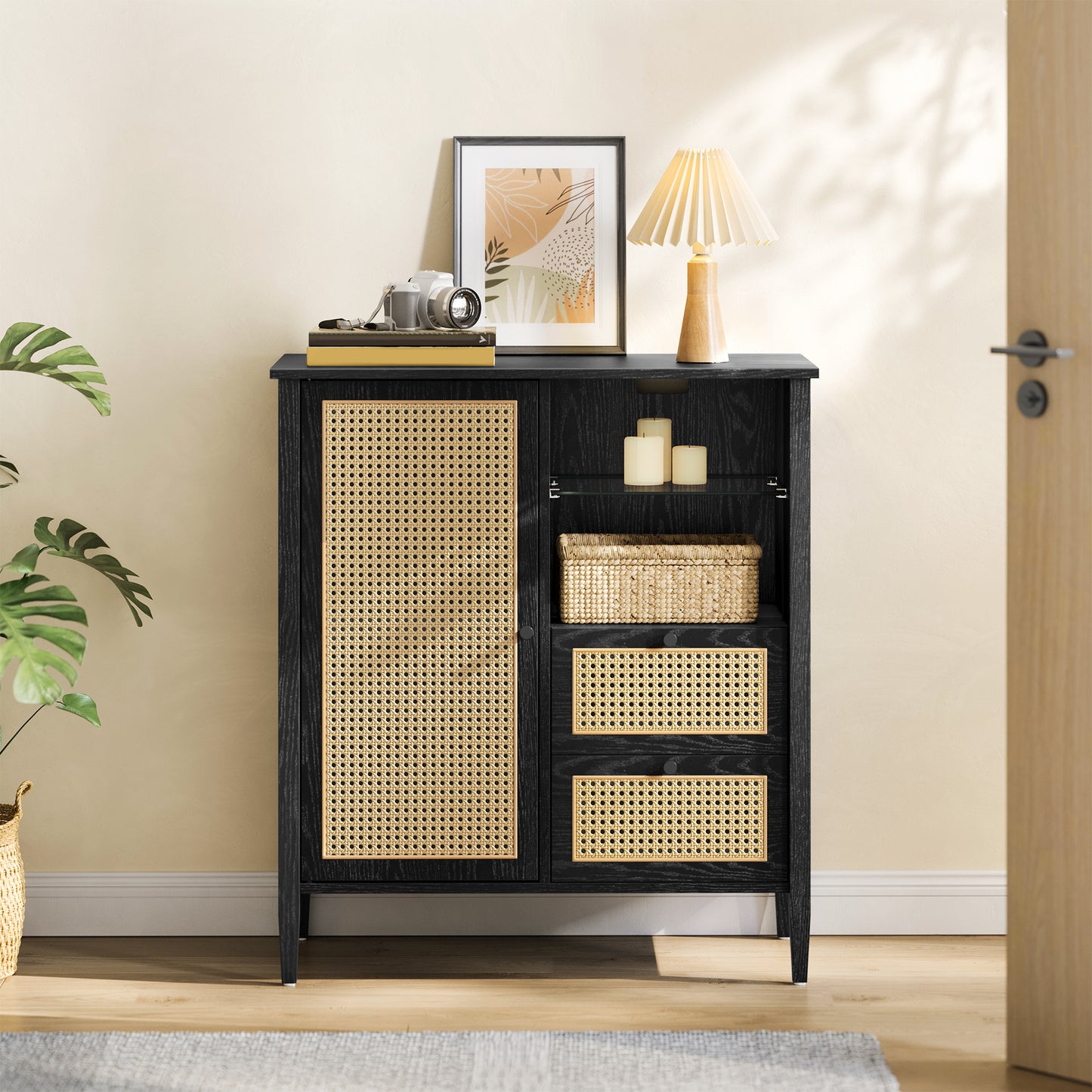 Boho Buffet Cabinet, Synthetic Rattan Sideboard with DrawersStorage Cabinet with Adjustable Shelves, Ink Black