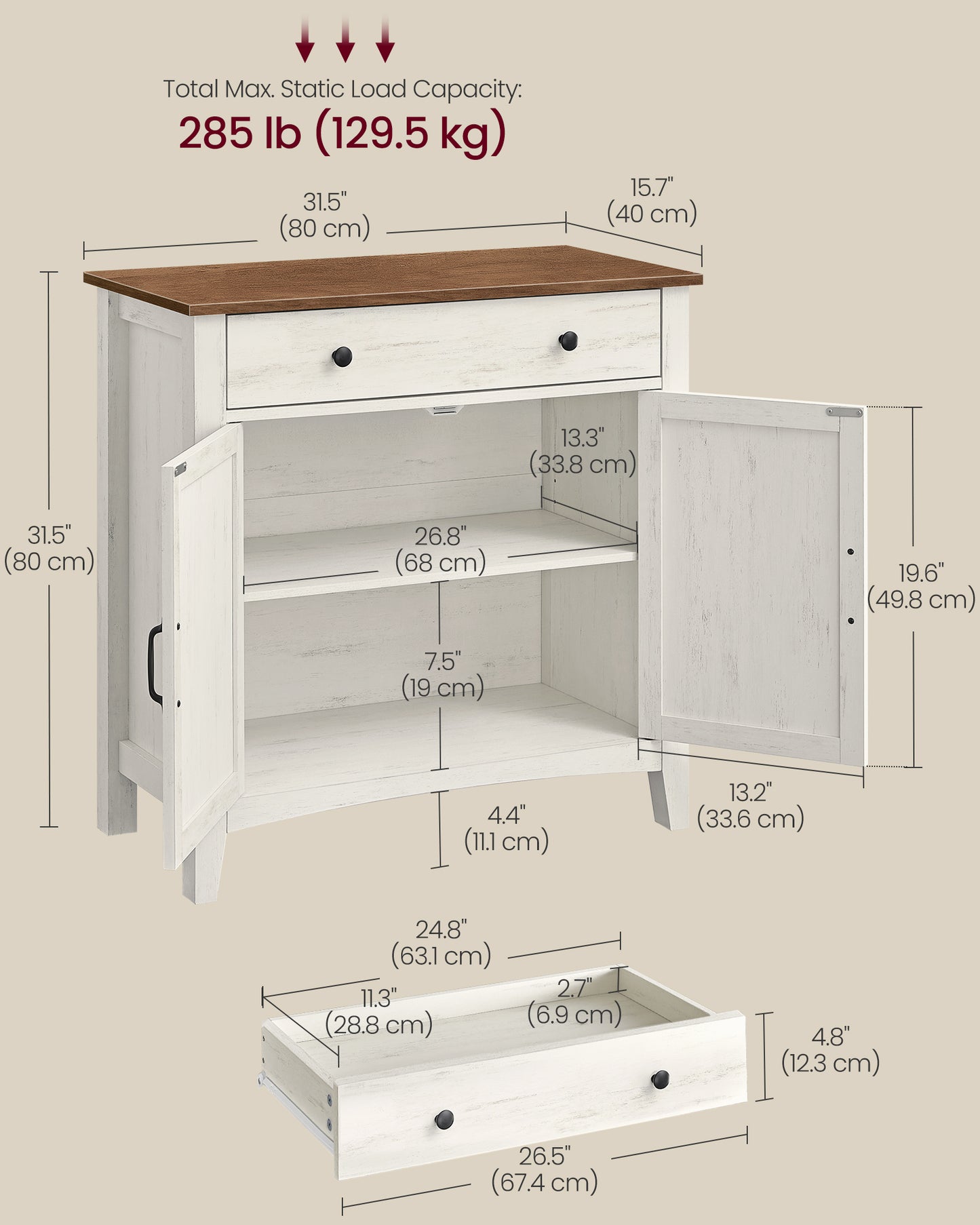 VASAGLE Buffet Cabinet, Sideboard Cabinet with Storage and Drawer, with Doors, Height Adjustable Shelf,Rustic White and Honey Brown