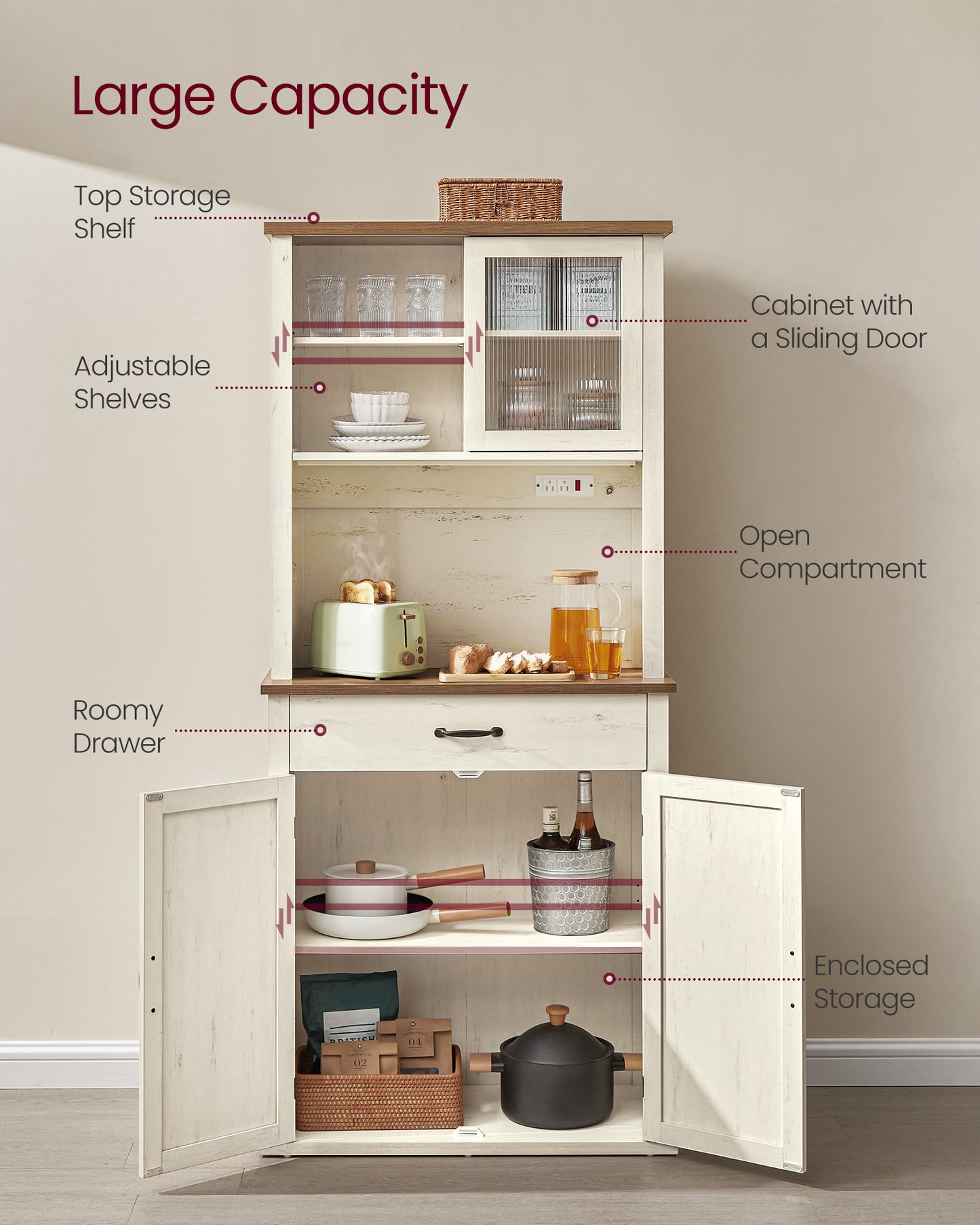 VASAGLE 71" Pantry Cabinet with Lights and Charging Station, Kitchen Pantry Cabinet,Farmhouse Storage Cabinet Rustic White