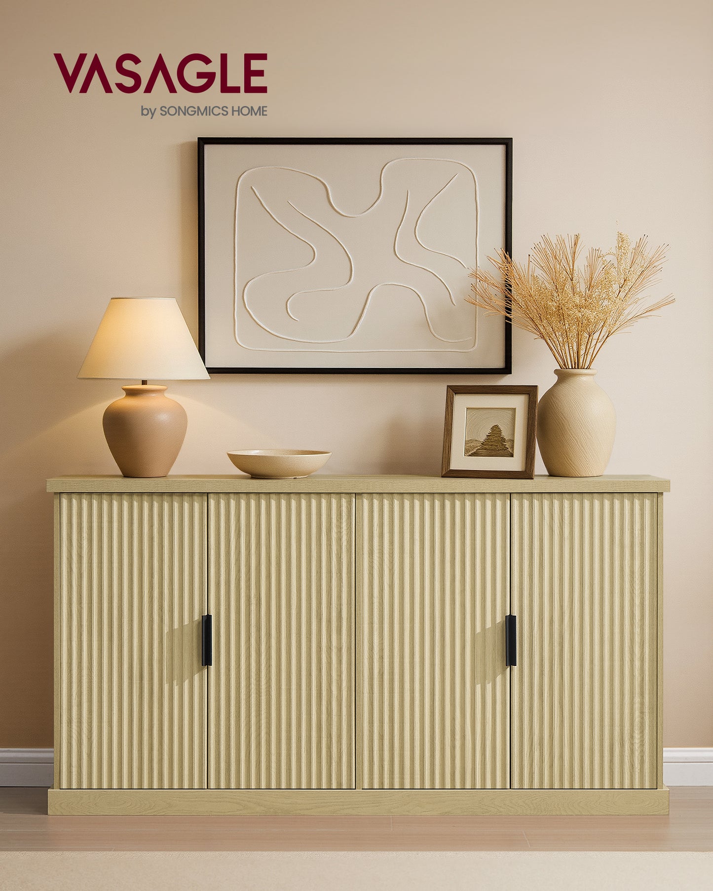 58'' Kitchen Sideboard Buffet Cabinet, 4-Doors 2-Drawers Fluted Storage Cabinet with Adjustable Shelves, Oak Beige