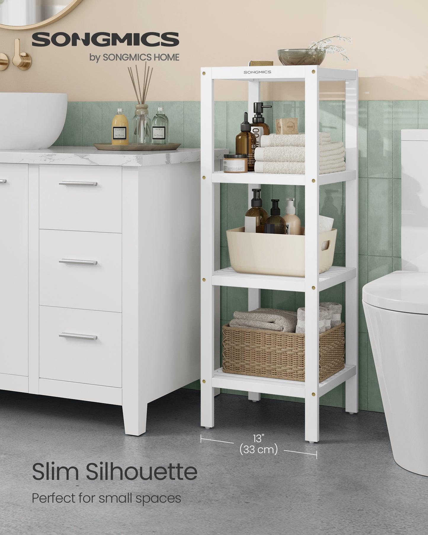 4-Tier Bamboo Shelving Unit, 38.6" Tall Storage Rack, Space-Saving 13x13 Inch Footprint, 4 Adjustable Shelves, for Bathroom, Kitchen, Balcony, Cloud White