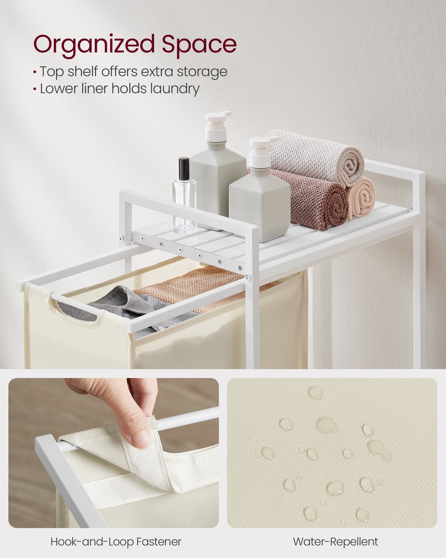 Laundry Hamper, Slim Laundry Basket, Laundry Sorter with A Pull-Out and Removable Bag, Shelf, Metal Frame, 12.7 Gallons (47 L), 16.5 x 11 x 29.5 Inches, Cream White and Cloud White