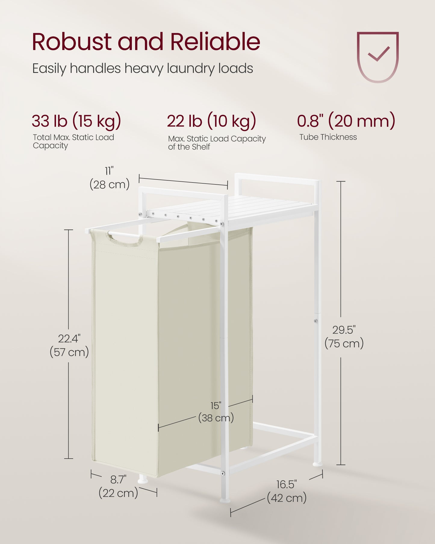Laundry Hamper, Slim Laundry Basket, Laundry Sorter with A Pull-Out and Removable Bag, Shelf, Metal Frame, 12.7 Gallons (47 L), 16.5 x 11 x 29.5 Inches, Cream White and Cloud White