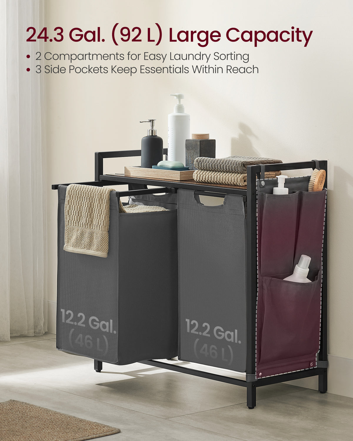 VASAGLE Laundry Hamper, Laundry Basket, Laundry Sorter with 2 Pull-Out and Removable Bags, Shelf, Metal Frame, 2 x 12.1 Gallons (46L), 28.7 x 13 x 28.3 Inches, Lead Grey and Rustic Brown