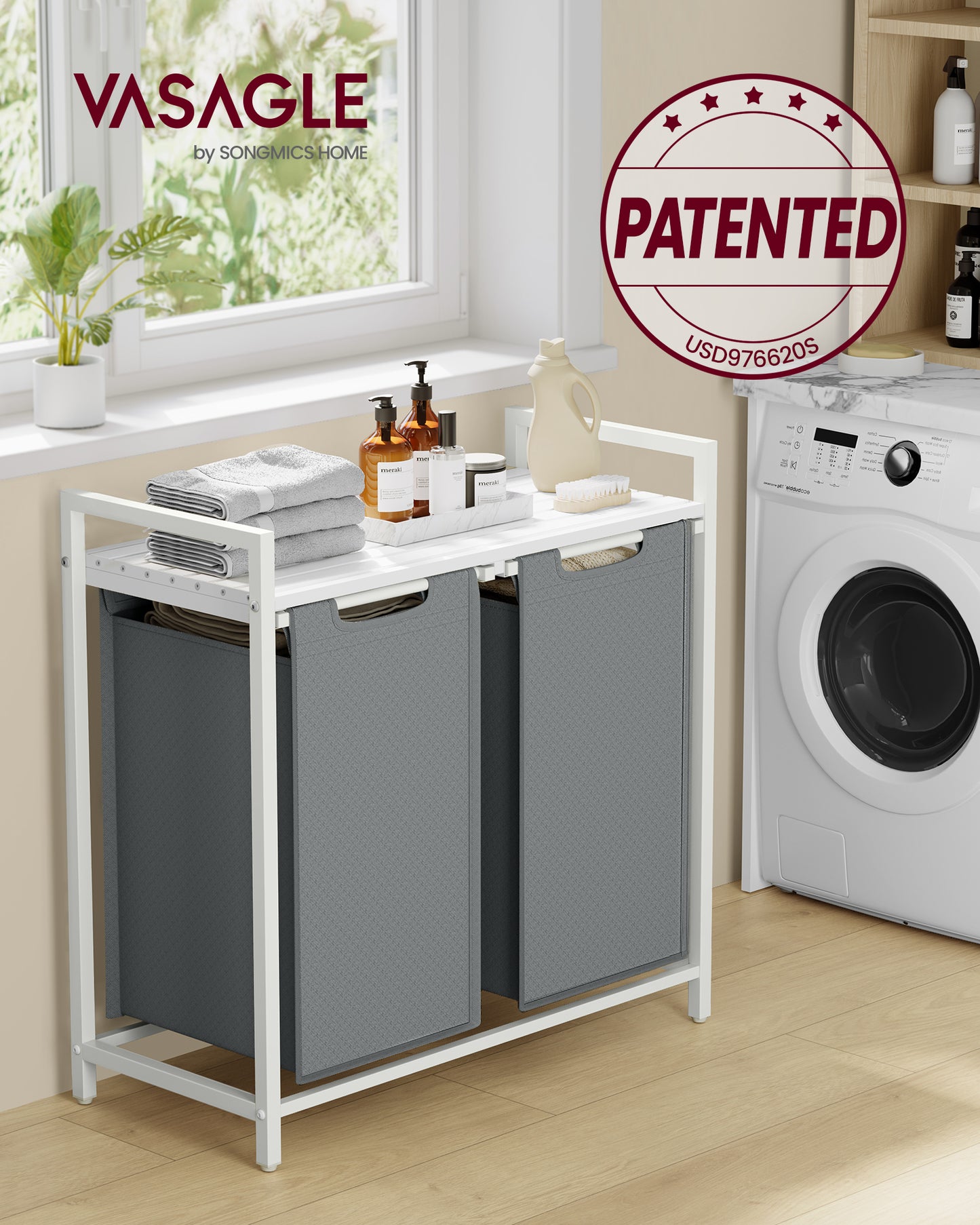 Laundry Hamper, Laundry Basket, Laundry Sorter with 2 Pull-Out and Removable Bags, Shelf, Metal Frame, 2 x 12.1 Gallons