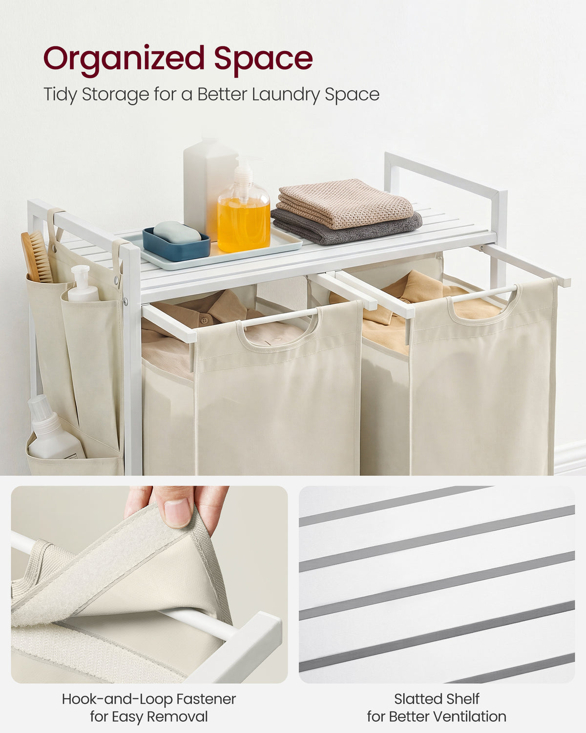 VASAGLE Laundry Hamper, Laundry Basket, Laundry Sorter with 2 Pull-Out and Removable Bags, Shelf, Metal Frame, 2 x 12.1 Gallons (46L), 28.7 x 13 x 28.3 Inches, White