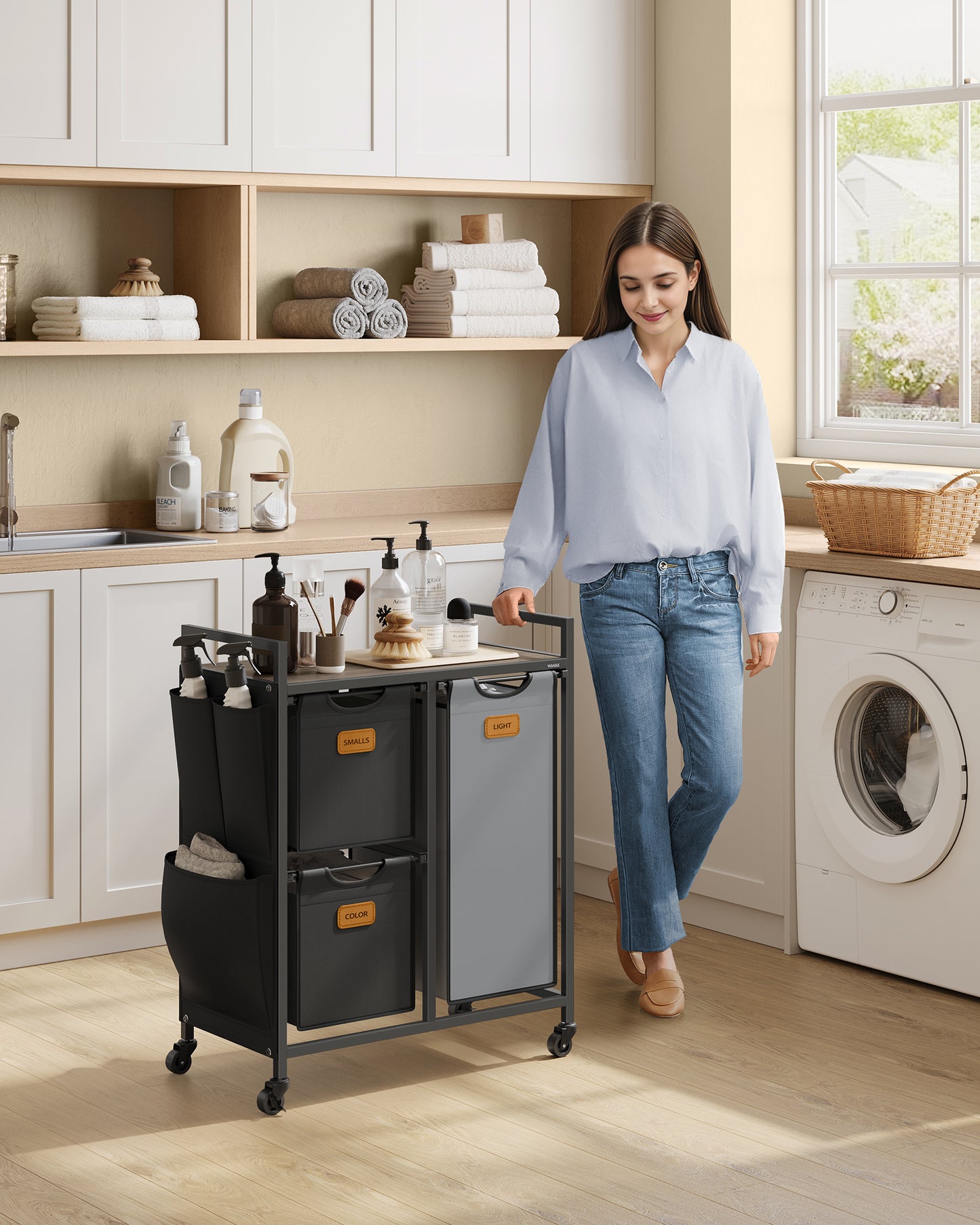 Laundry Hamper with 3 Compartments, 26.4 Gal. (100 L) Laundry Sorter, Rolling Laundry Cart with Shelves, Small Side Pockets, 6 Labels, Chestnut Brown, Ink Black and Dove Gray
