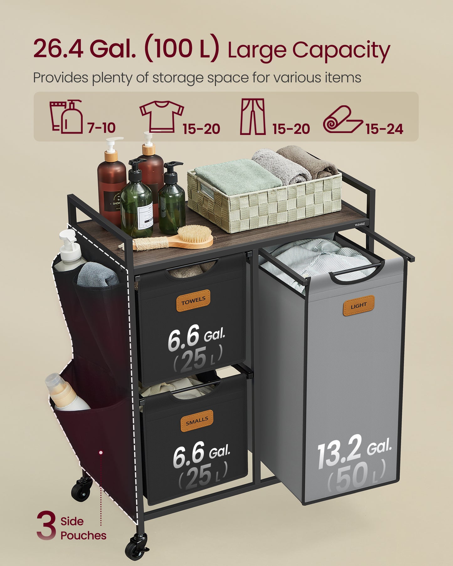 Laundry Hamper with 3 Compartments, 26.4 Gal. (100 L) Laundry Sorter, Rolling Laundry Cart with Shelves, Small Side Pockets, 6 Labels, Chestnut Brown, Ink Black and Dove Gray