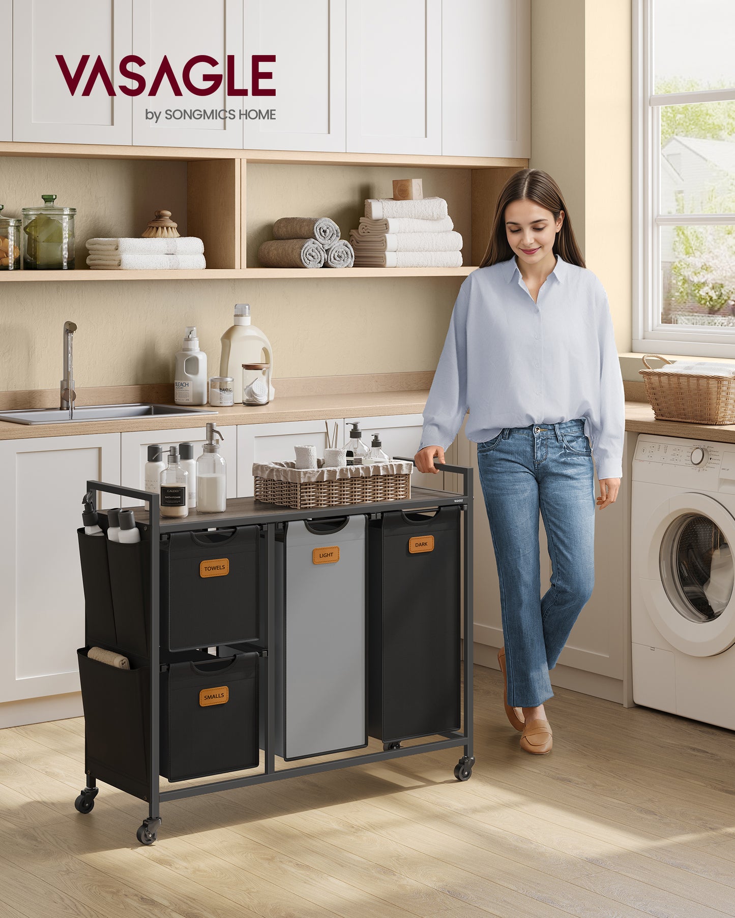 Chestnut Brown, Ink Black and Dove Gray 39.6 Gal. (150 L) 4 - Compartment Laundry Hamper. A rolling laundry cart with shelves and 6 labels.