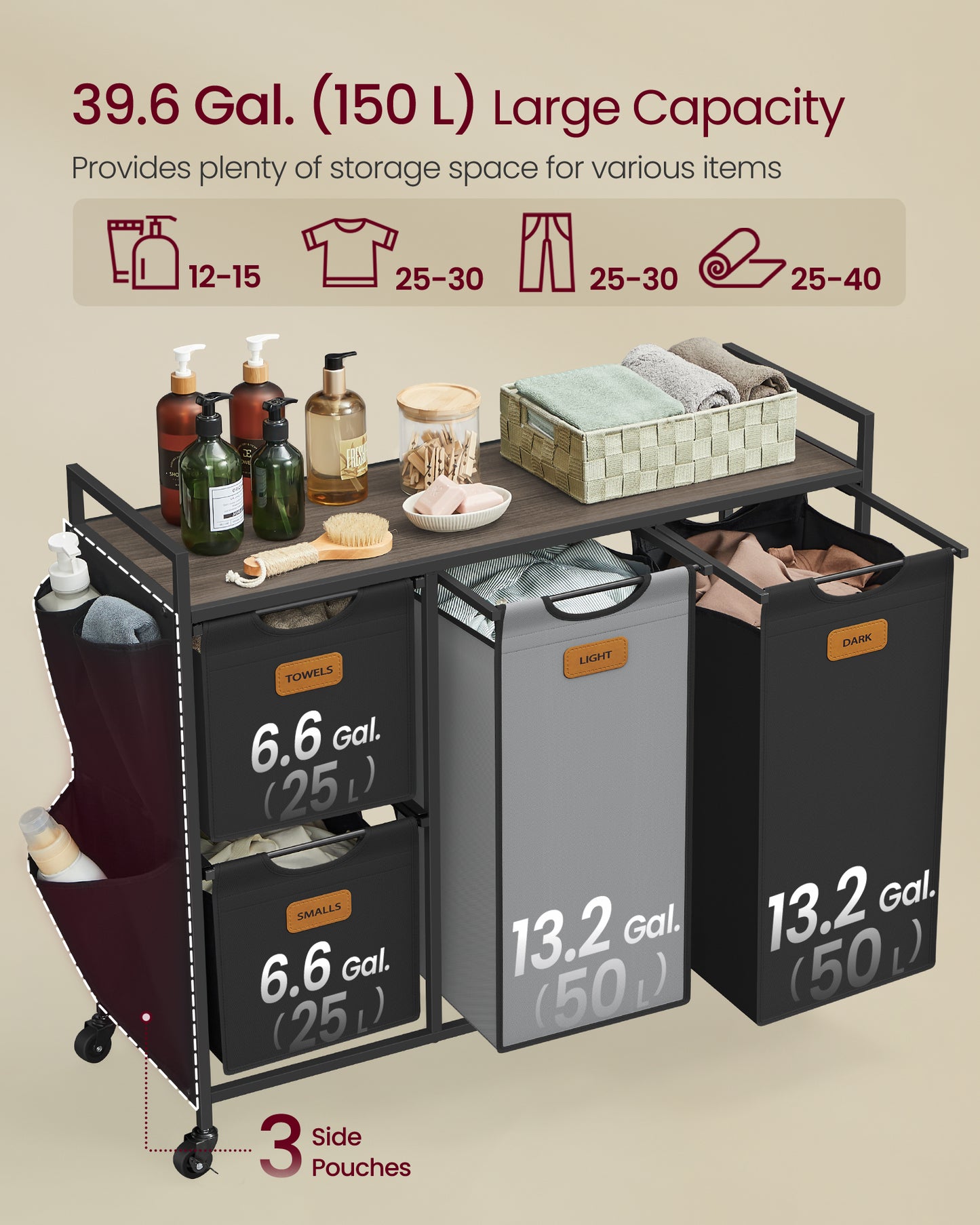 Laundry Hamper with 4 Compartments, 39.6 Gal. (150 L) Laundry Sorter, Rolling Laundry Cart with Shelves, Small Side Pockets, 6 Labels, Chestnut Brown, Ink Black and Dove Gray