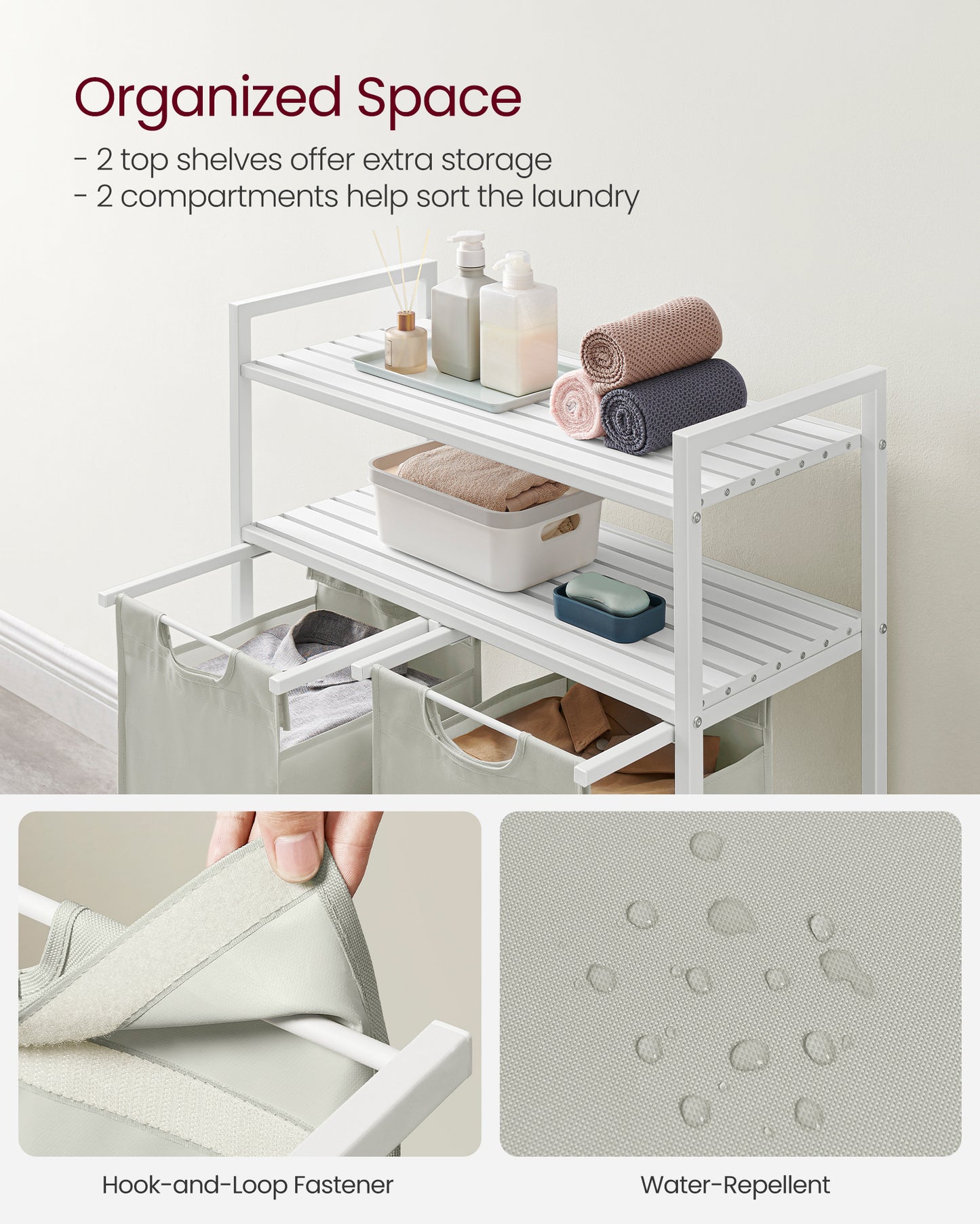 Laundry Hamper, Laundry Basket, Laundry Sorter with 2 Pull-Out and Removable Bags, 2 Shelves, 12.1 Gal (46L) Capacity per Bag, for Laundry Room, White