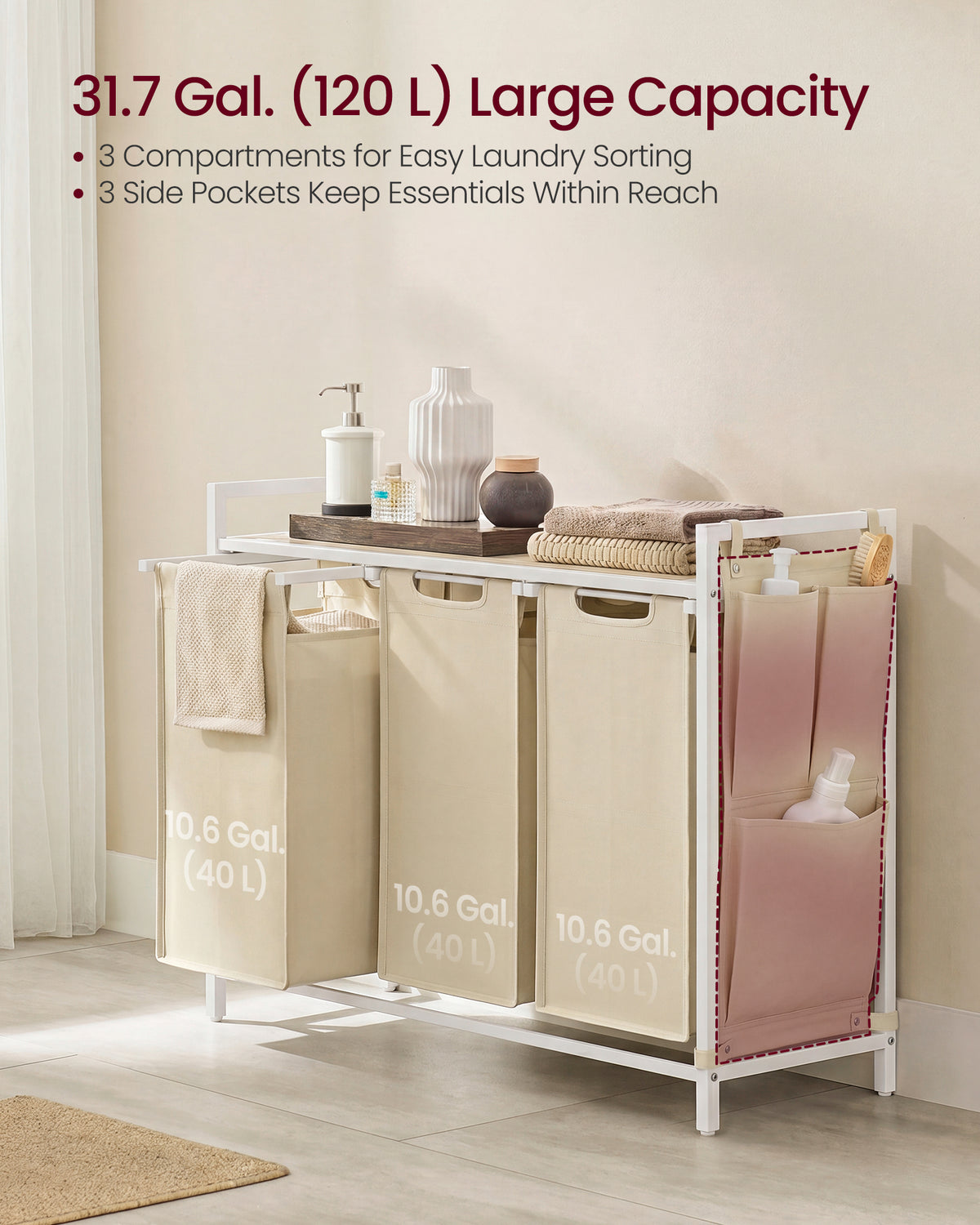 VASAGLE Laundry Hamper, Laundry Basket, Laundry Sorter with 2 Pull-Out and Removable Bags, Shelf, Metal Frame, 2 x 12.1 Gallons (46L), 36.4 x 13 x 28.3 Inches, Cappuccino Beige and Natural Beige