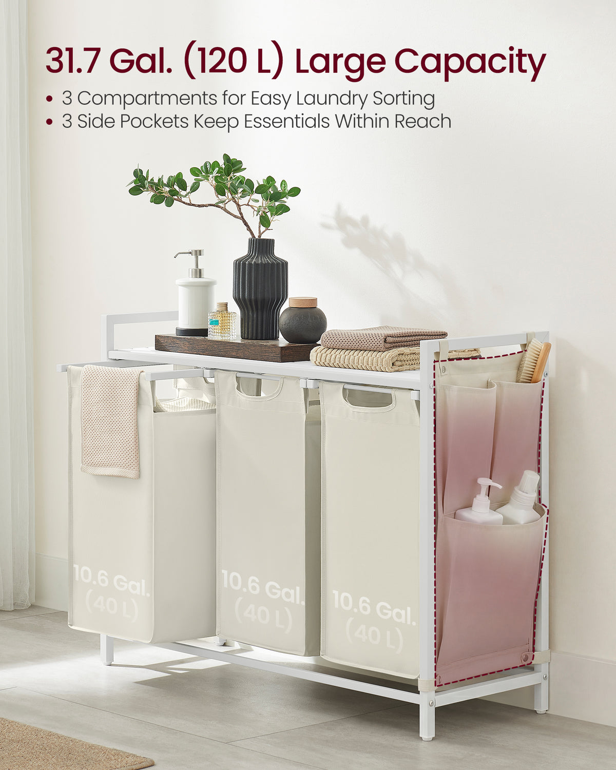 VASAGLE Laundry Hamper, Laundry Basket, Laundry Sorter with 3 Pull-Out and Removable Bags, Shelf, Metal Frame, 3 x 12.1 Gallons (46L), 36.4 x 13 x 28.3 Inches, Cream White and Cloud White