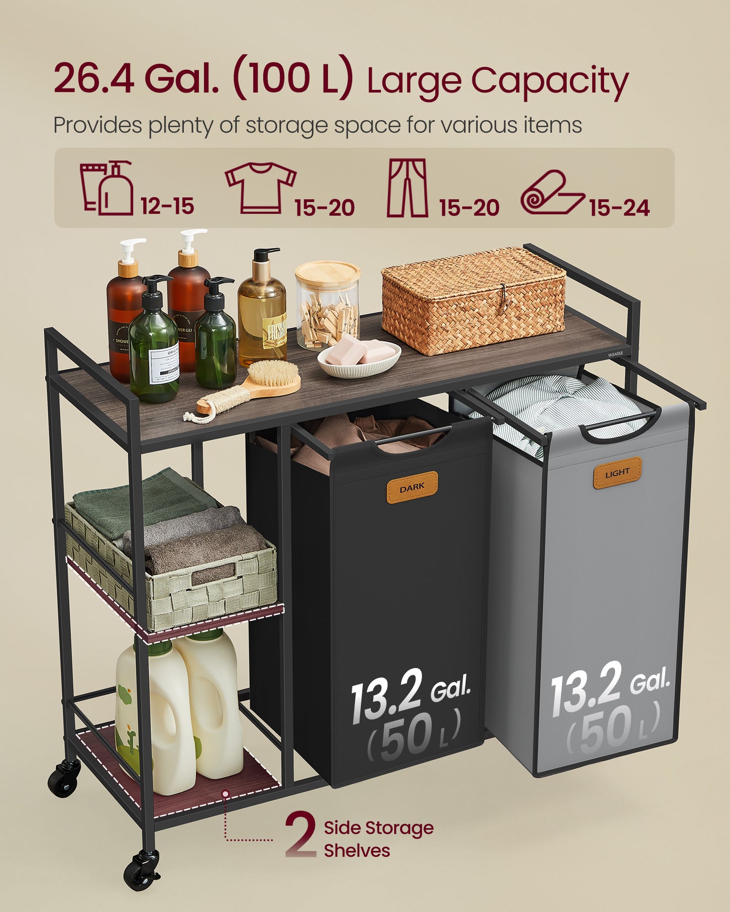 Laundry Hamper with 2 Compartments, 26.4 Gal. (100 L) Laundry Sorter, Rolling Laundry Cart with Shelves, Removable Liners, 6 Labels, Chestnut Brown, Ink Black and Dove Gray