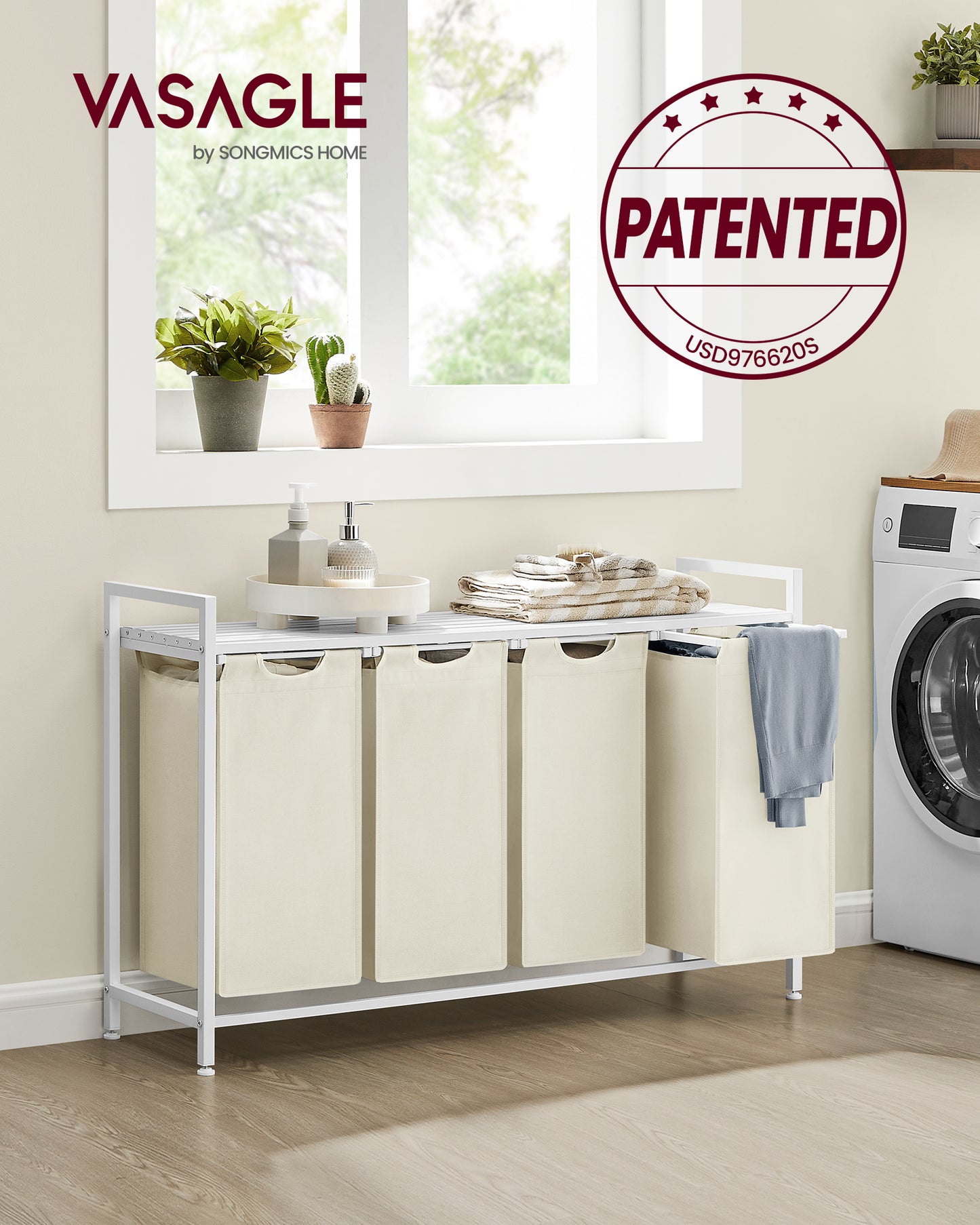 45.7 x 13 x 28.4 Inches Laundry Sorter Hamper, Laundry Basket Storage, Laundry Sorter with 4 Pull-Out and Removable Bags, Shelf, Metal Frame, (40L)