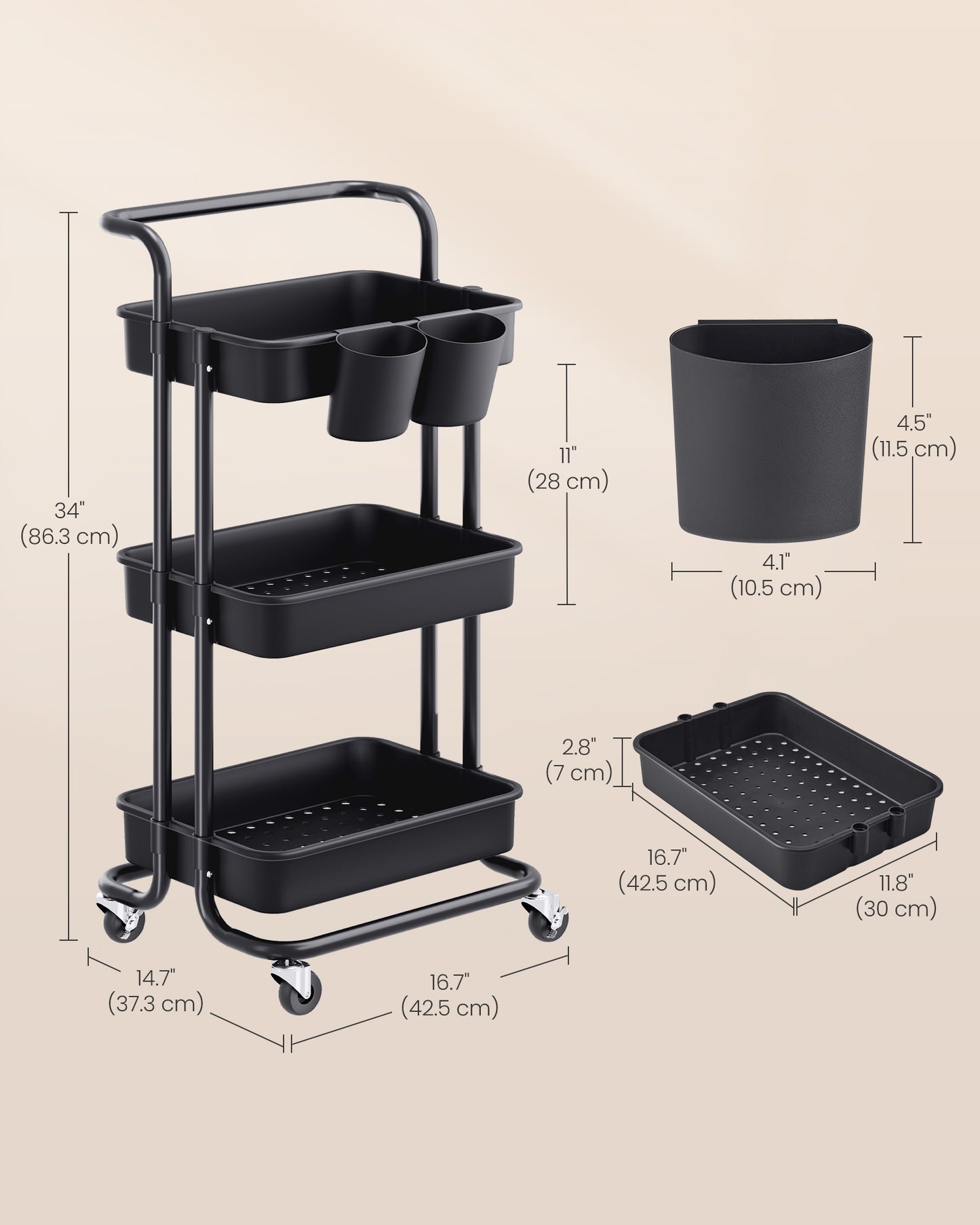 SONGMICS Rolling Cart, 3-Tier Storage Cart, Storage Trolley with Handle 2 Small Organizers, Steel Frame, Plastic Baskets, Utility Cart, Easy Assembly