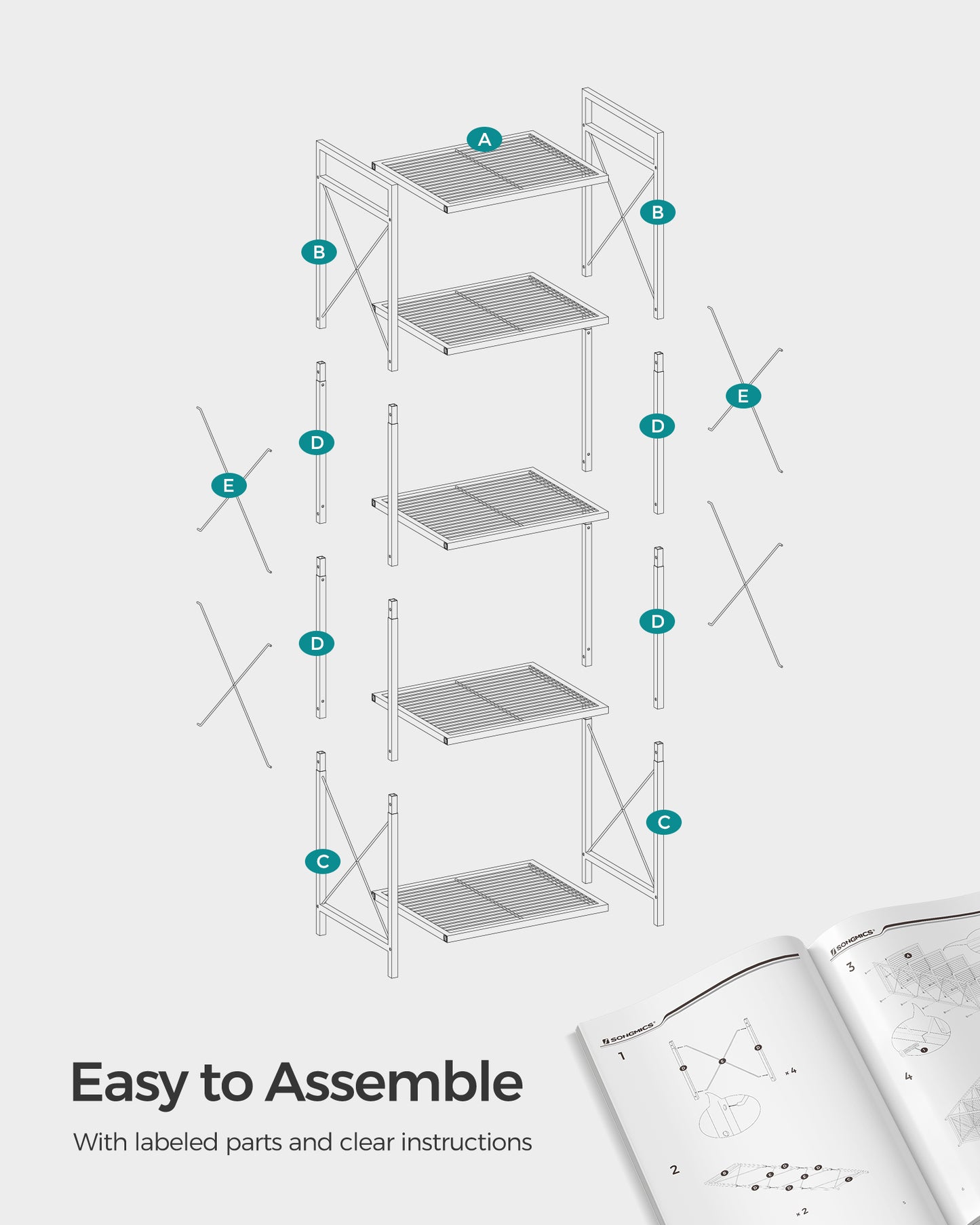 SONGMICS 5-Tier Metal Storage Rack, Shelving Unit with X Side Frames, Dense Mesh, 12.6 x 15.7 x 57.3 Inches, Ink Black